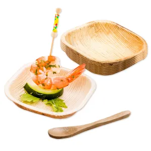 100 Indo 4 oz Square Natural Palm Leaf Bowls and 100 Natural Bamboo 3.5" Mini Spoons