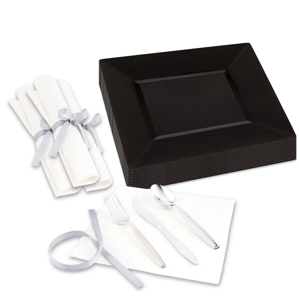 100 Square Black 9 1/2" Plastic Modern Plates and 100 Argento Silver Plastic Cutlery Sets