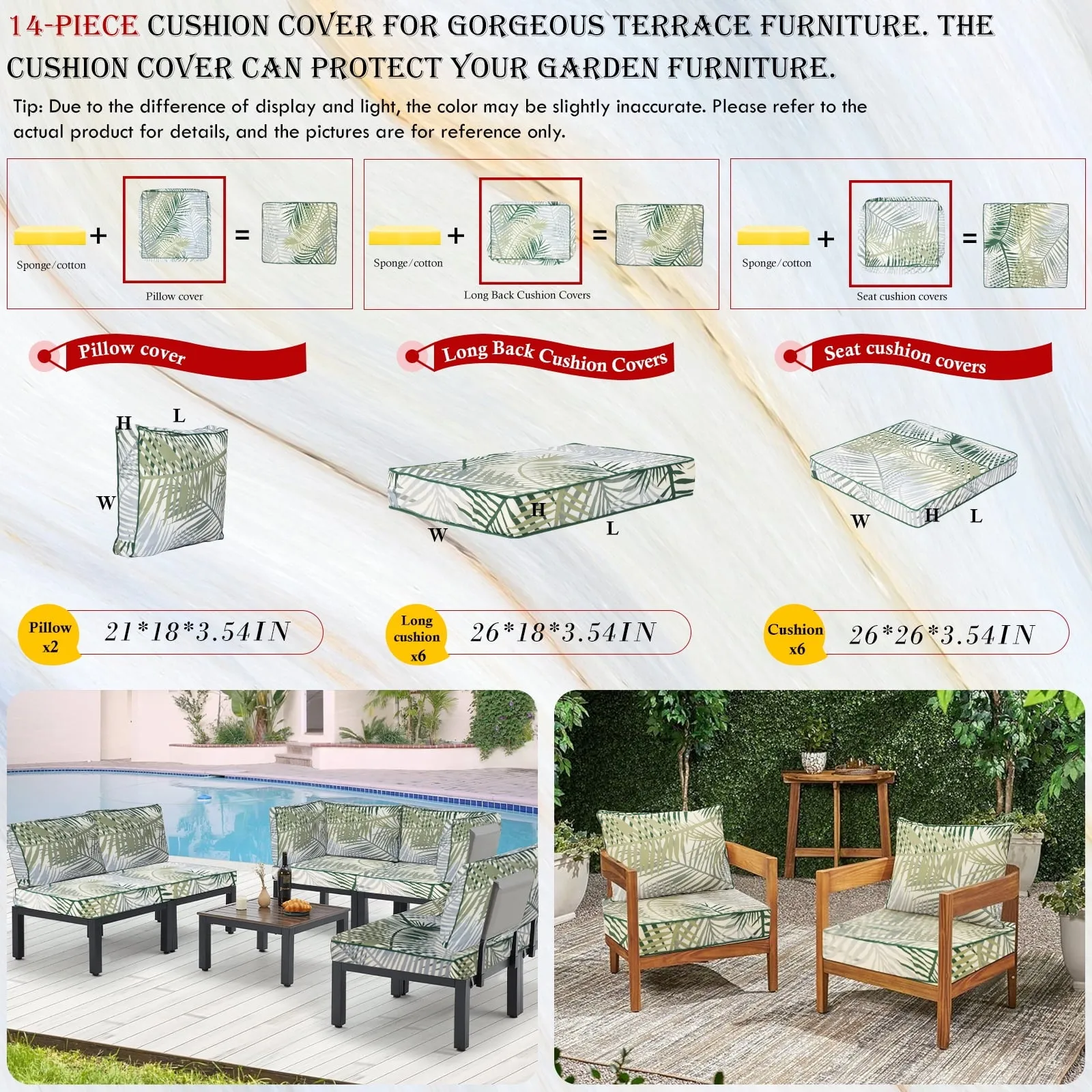 14p Patio Cushion Covers Outdoor Patio Cushions Covers Replacement, Waterproof Chair Seat Cover Zipper Design, Wicker Rattan Patio Conversation Set Loveseat Couch Furniture(Hawaii,14PC)