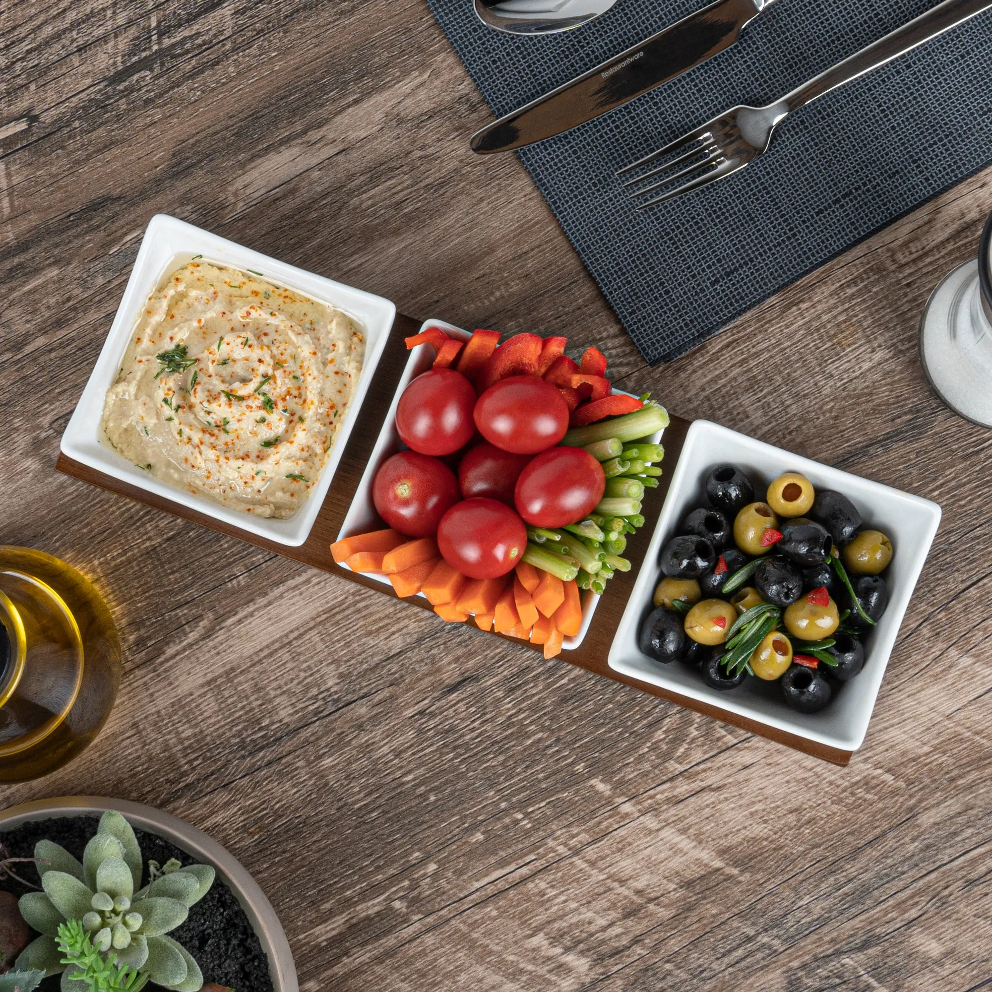 15 oz Rectangle White Porcelain Cocktail Bowl Set - 3 Bowls, Bamboo Tray - 12" x 4" x 2 1/2" - 1 count box