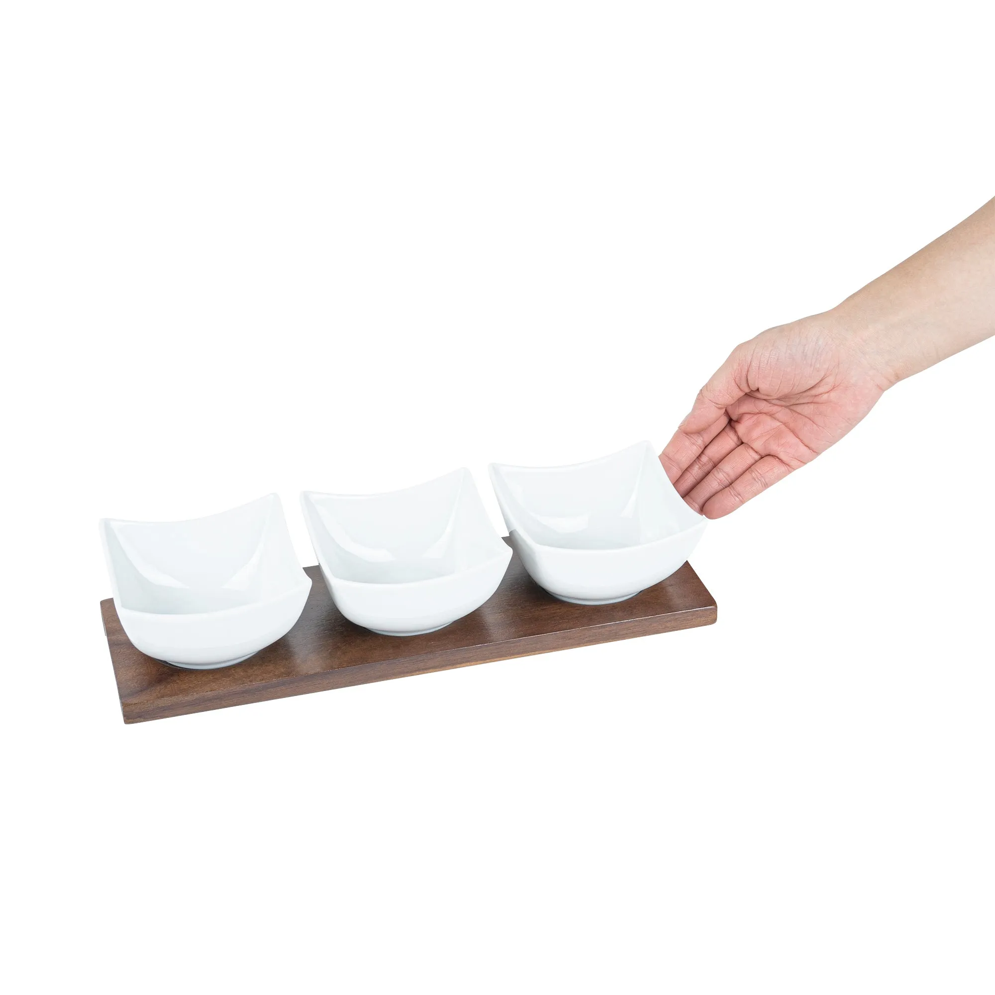 15 oz Rectangle White Porcelain Cocktail Bowl Set - 3 Bowls, Bamboo Tray - 12" x 4" x 2 1/2" - 1 count box