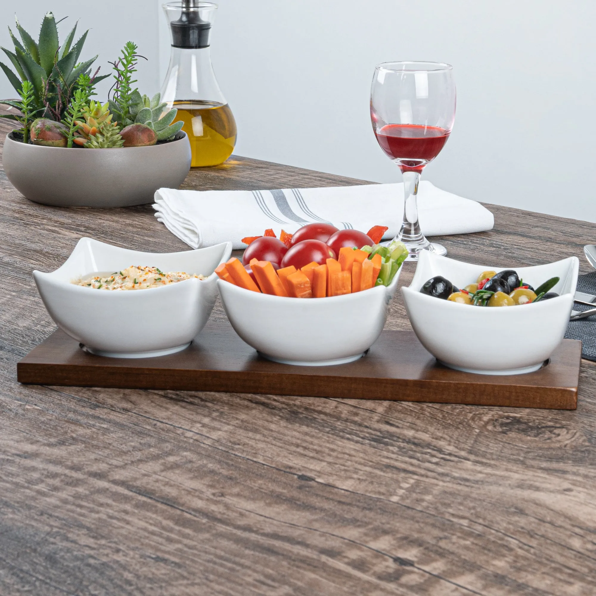 15 oz Rectangle White Porcelain Cocktail Bowl Set - 3 Bowls, Bamboo Tray - 12" x 4" x 2 1/2" - 1 count box