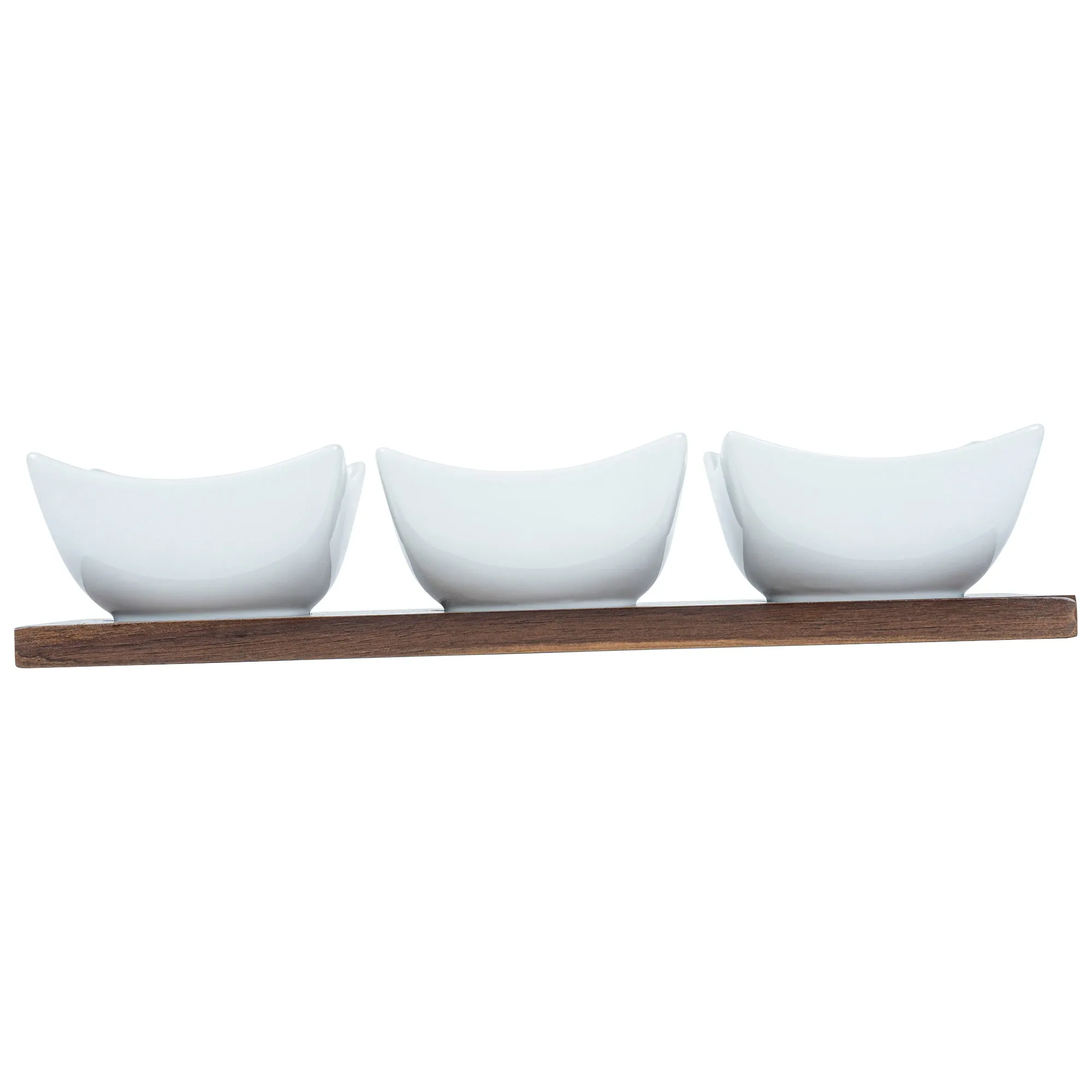 15 oz Rectangle White Porcelain Cocktail Bowl Set - 3 Bowls, Bamboo Tray - 12" x 4" x 2 1/2" - 1 count box