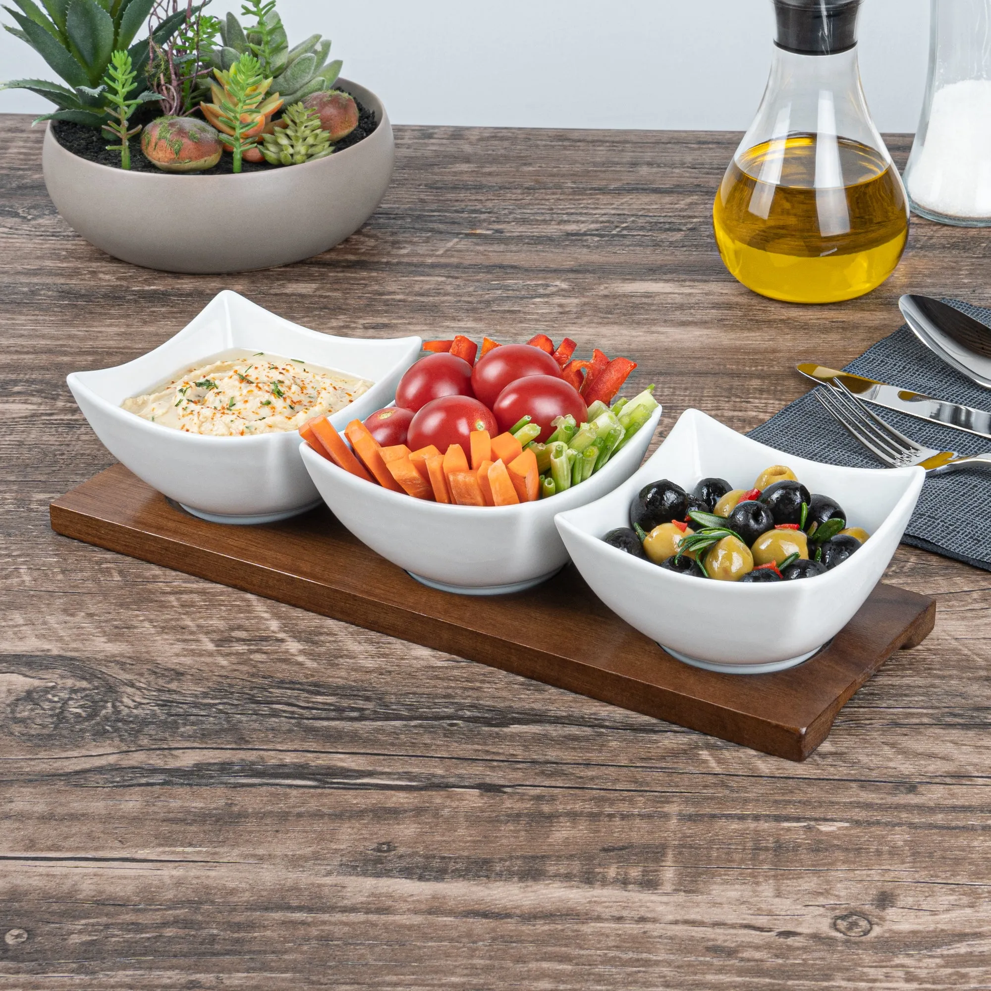 15 oz Rectangle White Porcelain Cocktail Bowl Set - 3 Bowls, Bamboo Tray - 12" x 4" x 2 1/2" - 1 count box