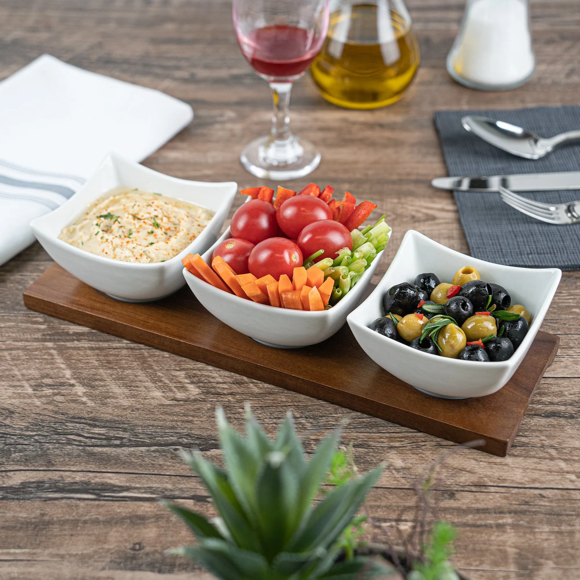 15 oz Rectangle White Porcelain Cocktail Bowl Set - 3 Bowls, Bamboo Tray - 12" x 4" x 2 1/2" - 1 count box