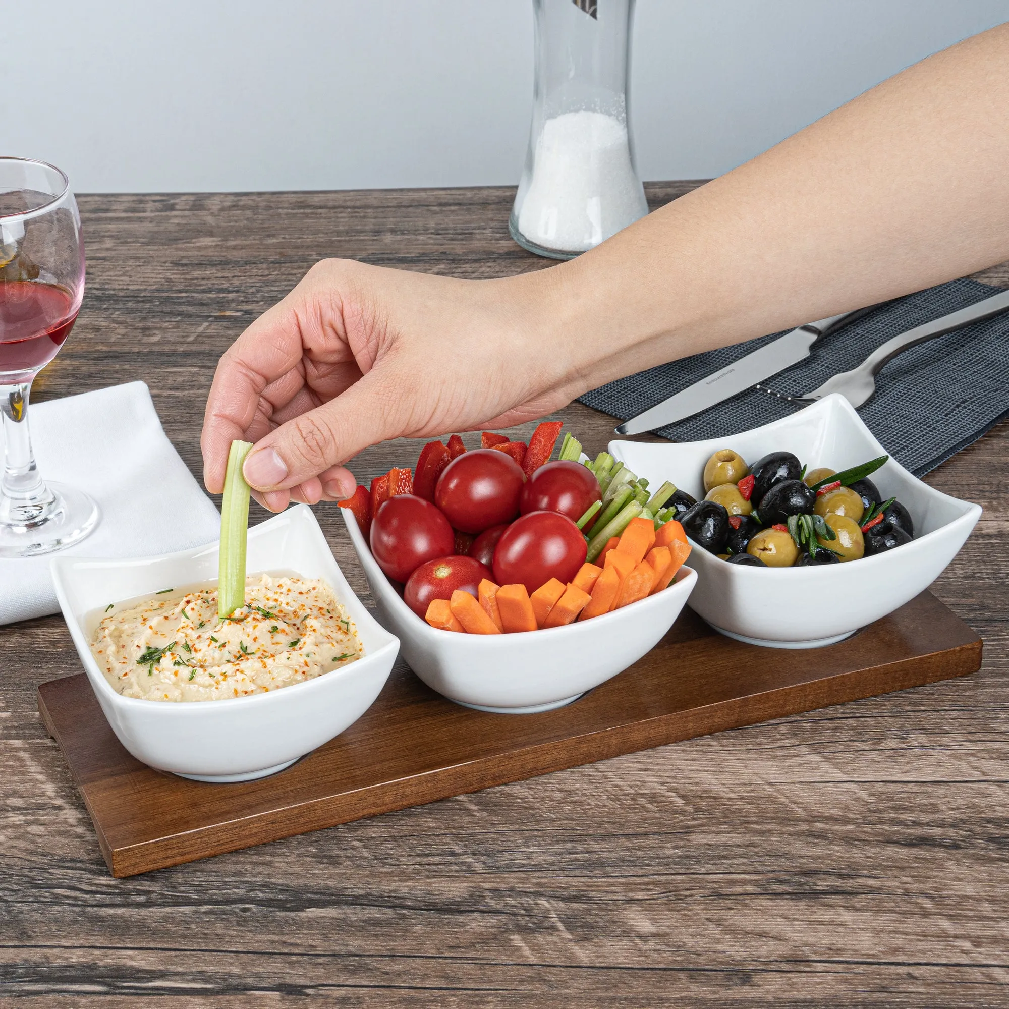 15 oz Rectangle White Porcelain Cocktail Bowl Set - 3 Bowls, Bamboo Tray - 12" x 4" x 2 1/2" - 1 count box