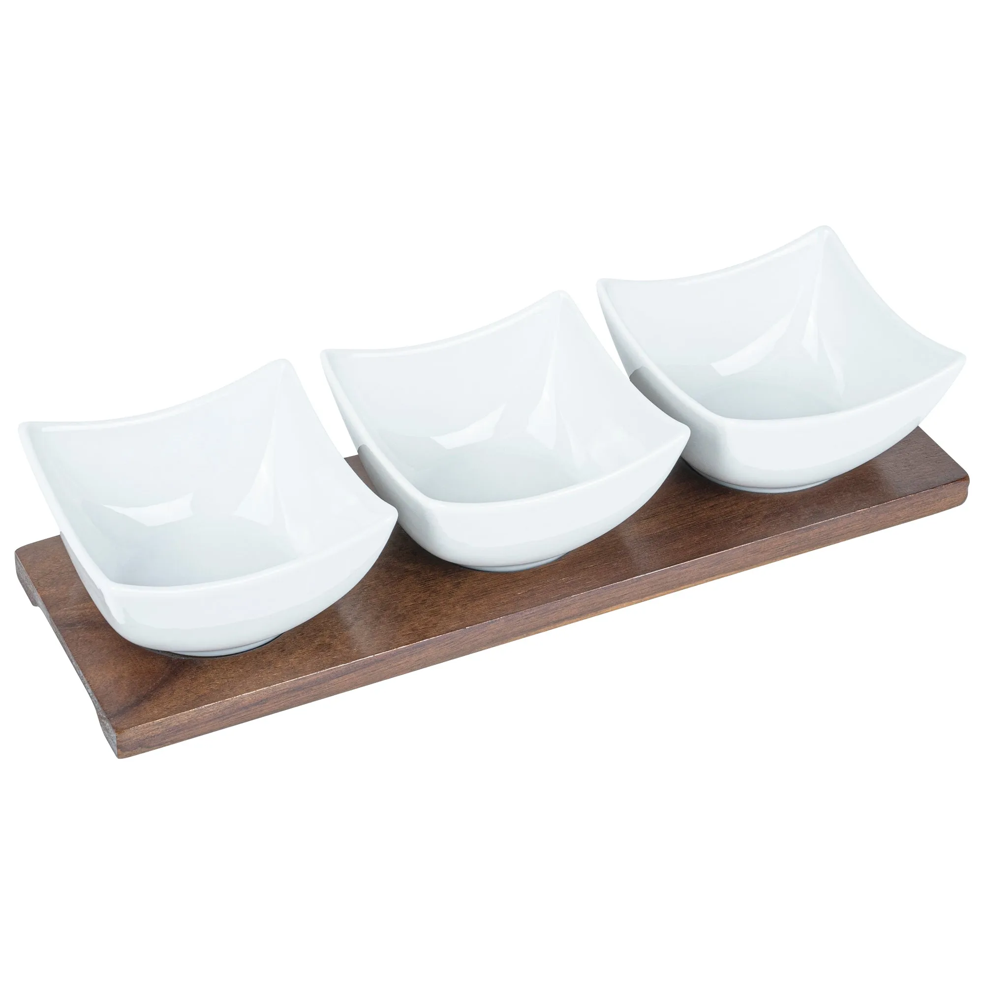 15 oz Rectangle White Porcelain Cocktail Bowl Set - 3 Bowls, Bamboo Tray - 12" x 4" x 2 1/2" - 1 count box