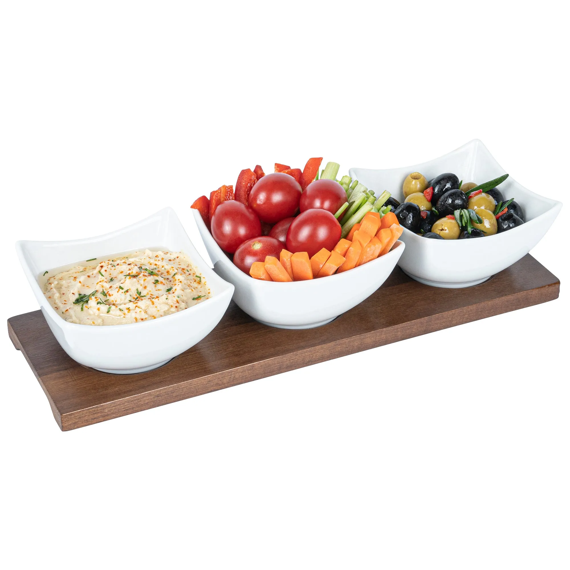 15 oz Rectangle White Porcelain Cocktail Bowl Set - 3 Bowls, Bamboo Tray - 12" x 4" x 2 1/2" - 1 count box