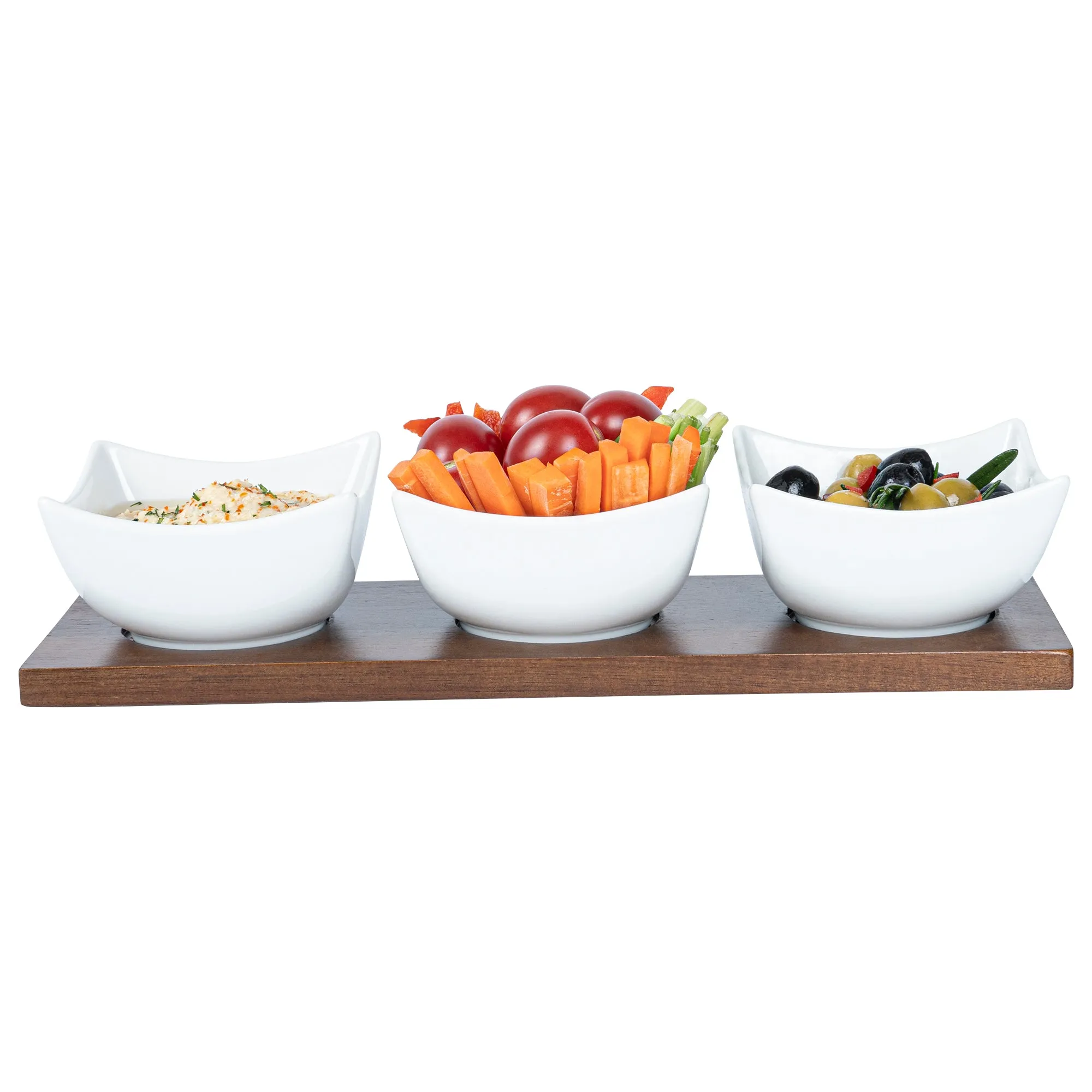 15 oz Rectangle White Porcelain Cocktail Bowl Set - 3 Bowls, Bamboo Tray - 12" x 4" x 2 1/2" - 1 count box