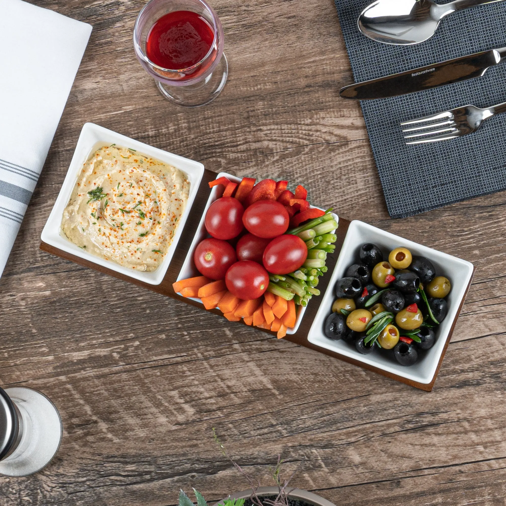 15 oz Rectangle White Porcelain Cocktail Bowl Set - 3 Bowls, Bamboo Tray - 12" x 4" x 2 1/2" - 1 count box