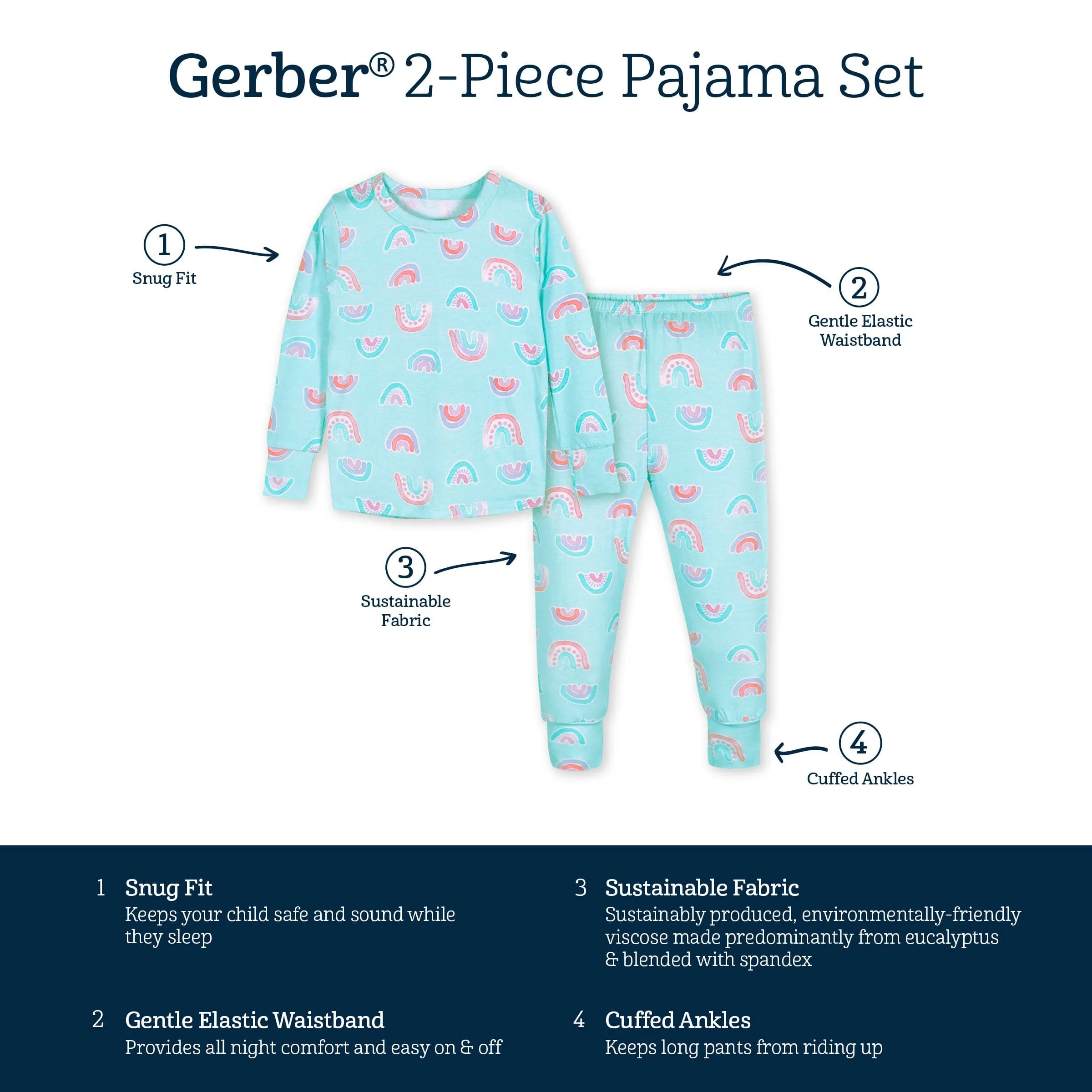 2-Piece Infant & Toddler Rainbow Sky Buttery Soft Viscose Made from Eucalyptus Snug Fit Pajamas