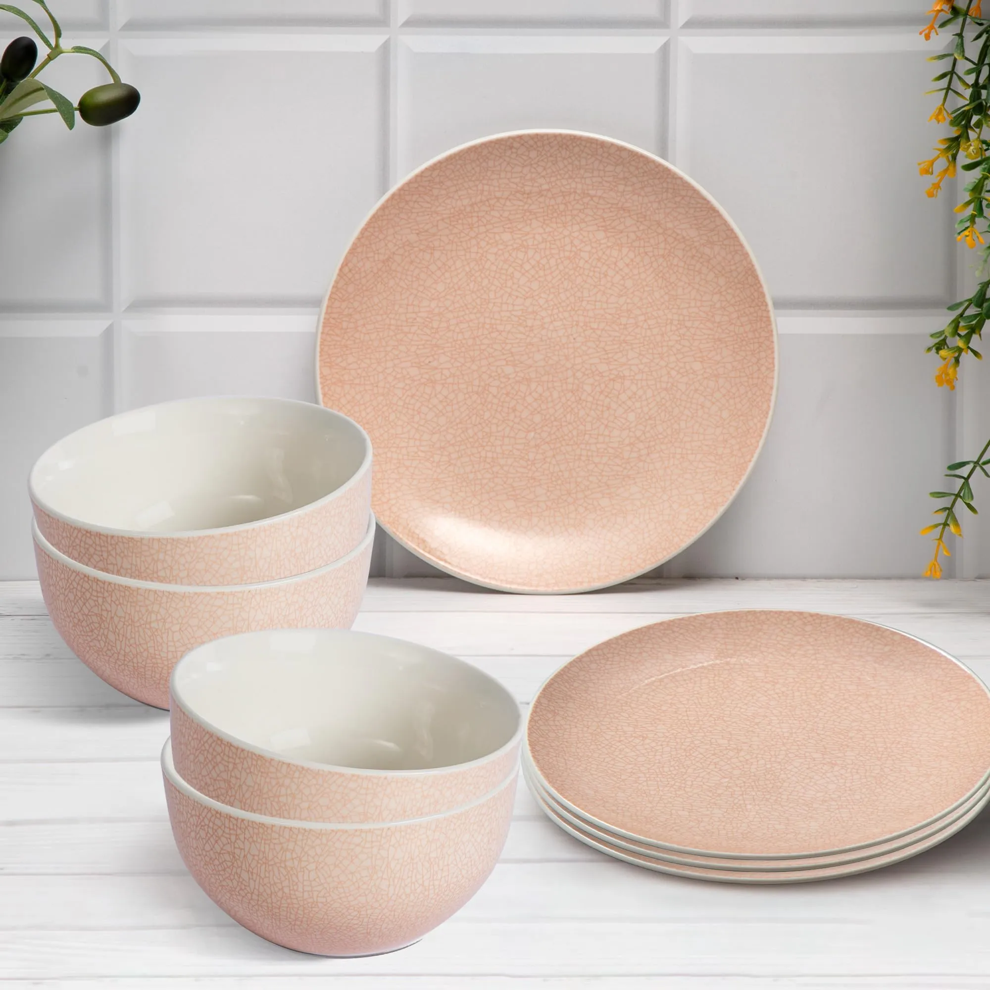 Anko Bella Porcelain 8 pcs Dinner Set | Light-Weight Premium Crockery for Dining Table, Home, Restaurant, Gifting | Aesthetic Tableware Service Set for 4 | 4 Bowls (5.5"), 4 Side Plates (7"), Pink