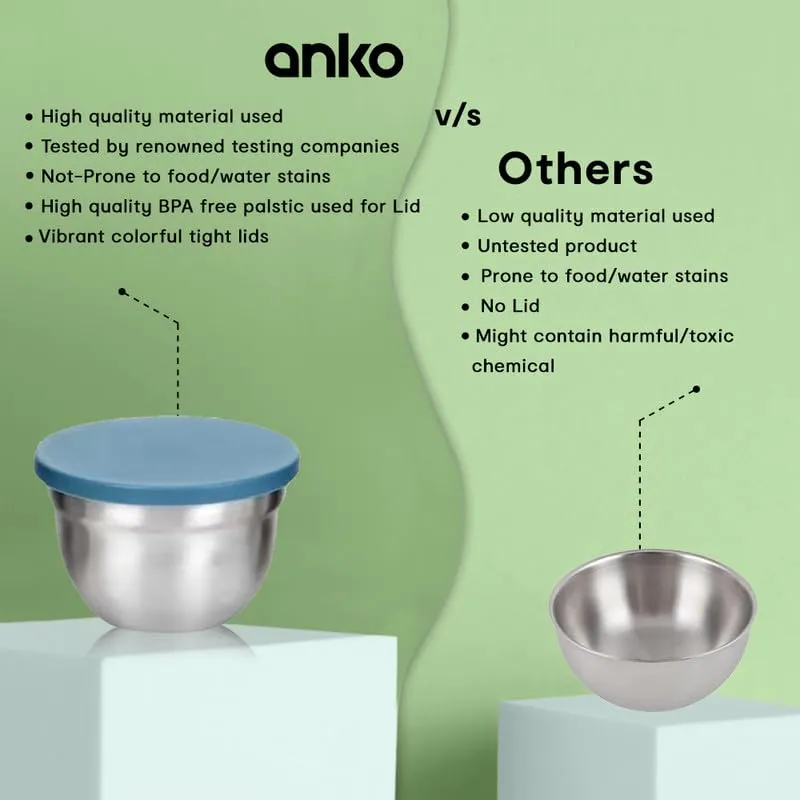 Anko Stainless Steel Bowl with Lid|Corrosion-Resistant, Dent-proof and Rust-proof Stainless-Steel Container to Store Leftover Food or for Use as a Snack Box or Lunch Box (Pack of 12)