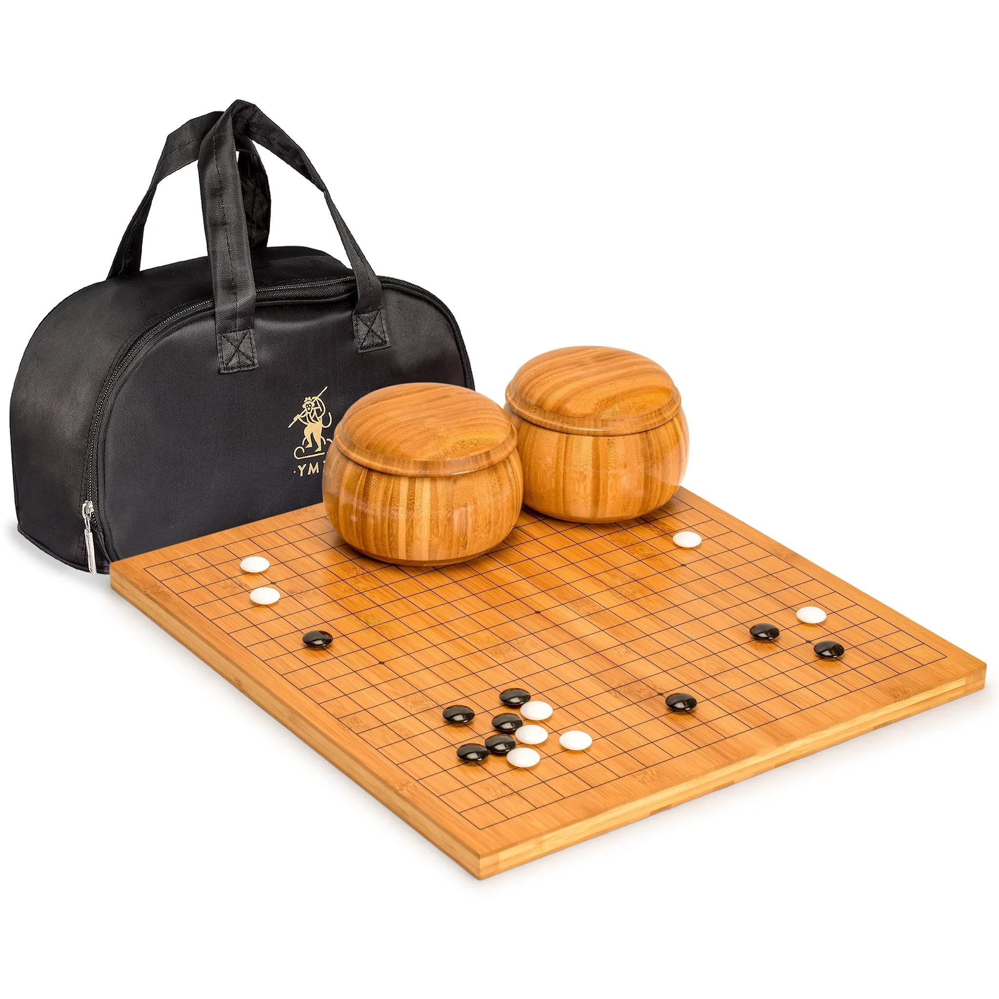 Bamboo 0.8-Inch Reversible 19x19 / 13x13 Go Game Set Board with Double Convex Melamine Stones and Bamboo Bowls