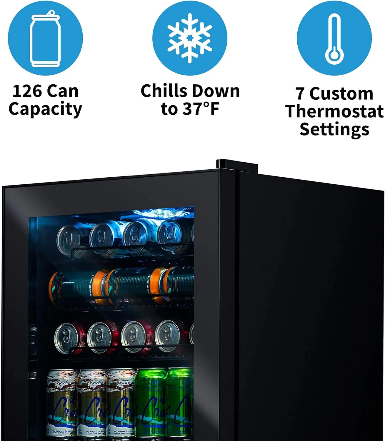 Beverage Refrigerator Cooler, 126 Cans Free Standing with Right Hinge Glass Door