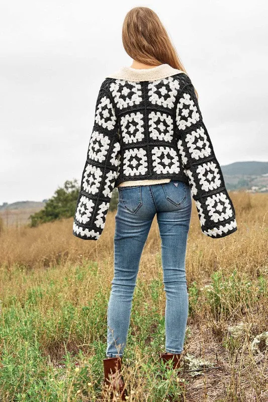 Bohemian Two-Tone Floral Square Crochet Open Knit Cardigan