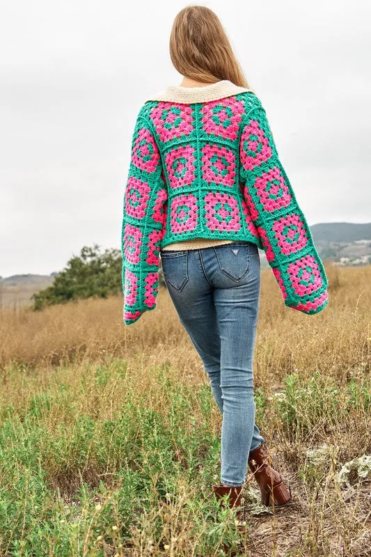 Bohemian Two-Tone Floral Square Crochet Open Knit Cardigan