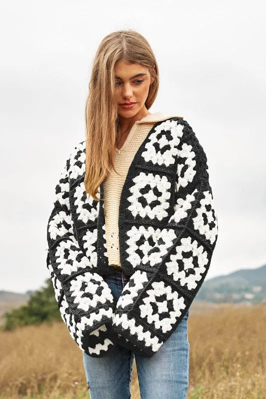 Bohemian Two-Tone Floral Square Crochet Open Knit Cardigan