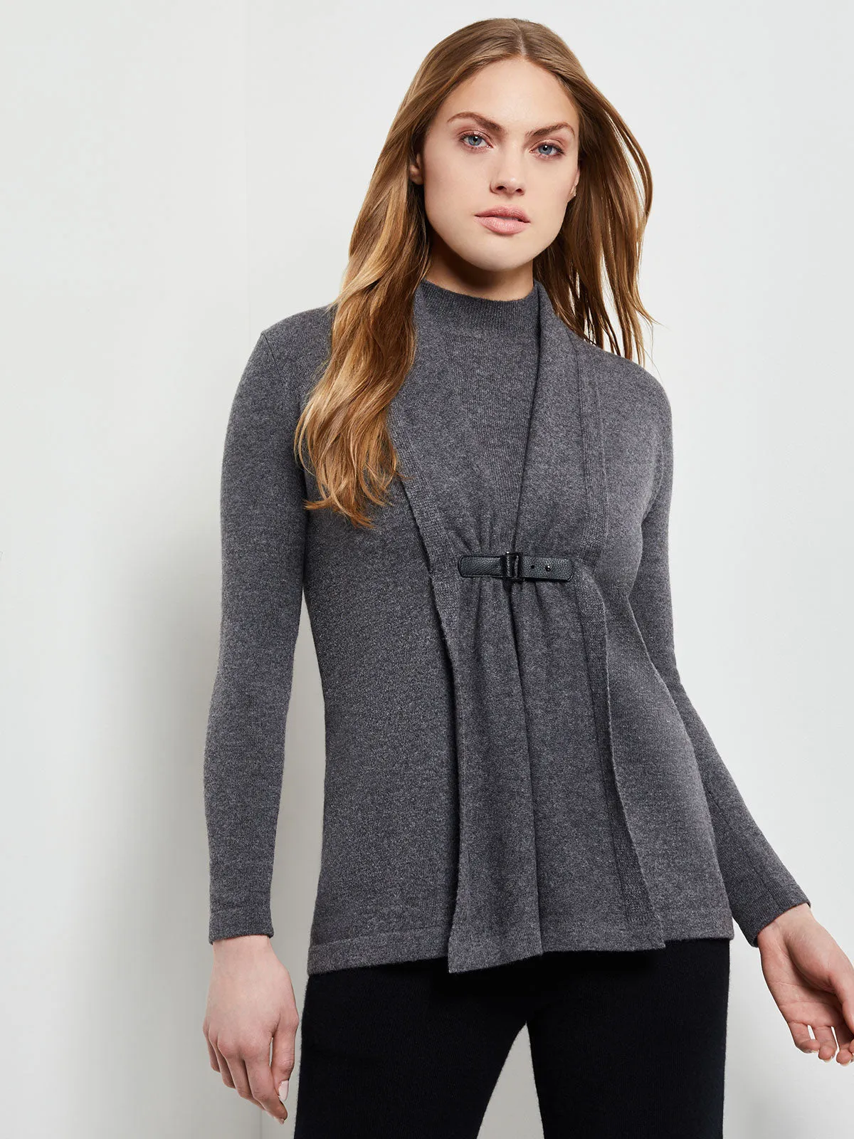 Buckle Detail Shawl Collar Cashmere Cardigan, Charcoal