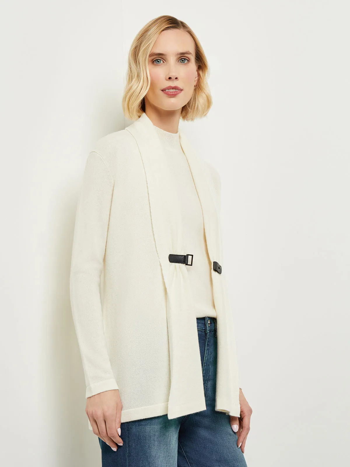 Buckle Detail Shawl Collar Cashmere Cardigan, Ivory