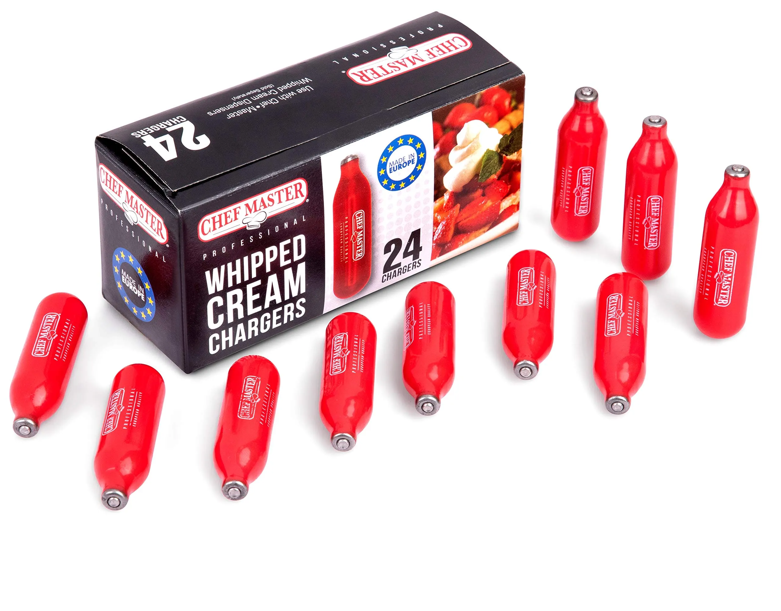 Chef-Master N20 Whipped Cream Chargers, Food Safe Low Carbon Steel, Nitrious Oxide Whipped Cream Cartridges Universal Fit for All Whip Cream Dispenser & Makers - Made in Europe (Pack of 24)