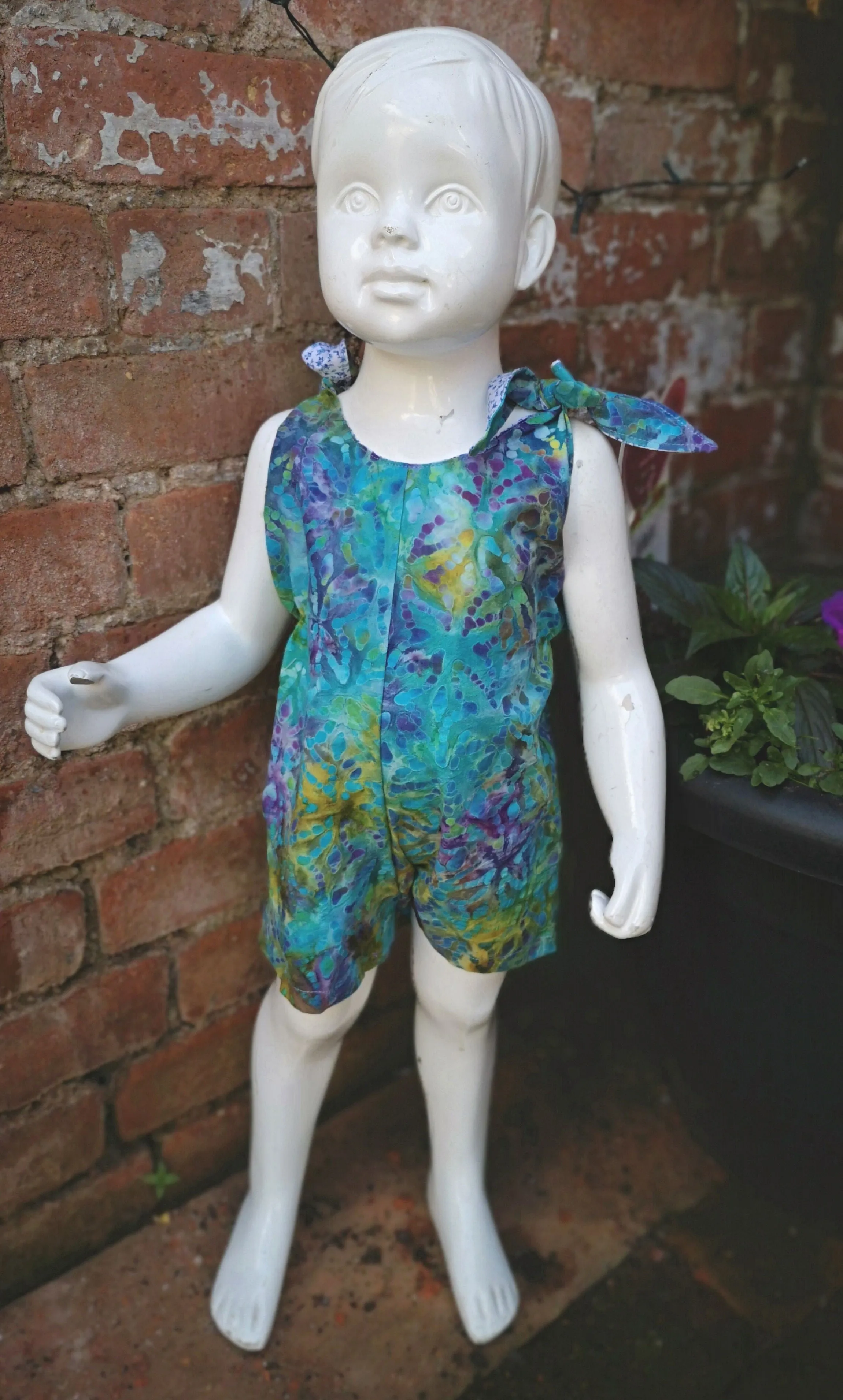 childs short playsuit, dungarees, tie shoulders age  18mths    "Aqua Imaginarium"