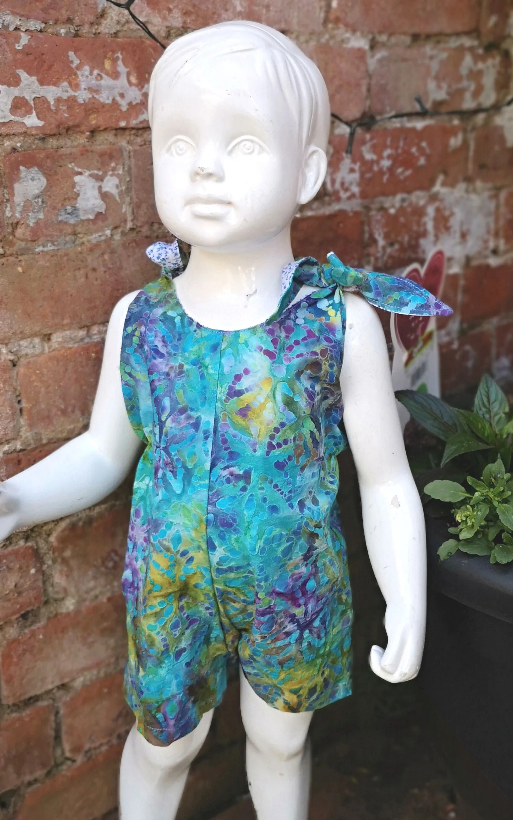 childs short playsuit, dungarees, tie shoulders age  18mths    "Aqua Imaginarium"