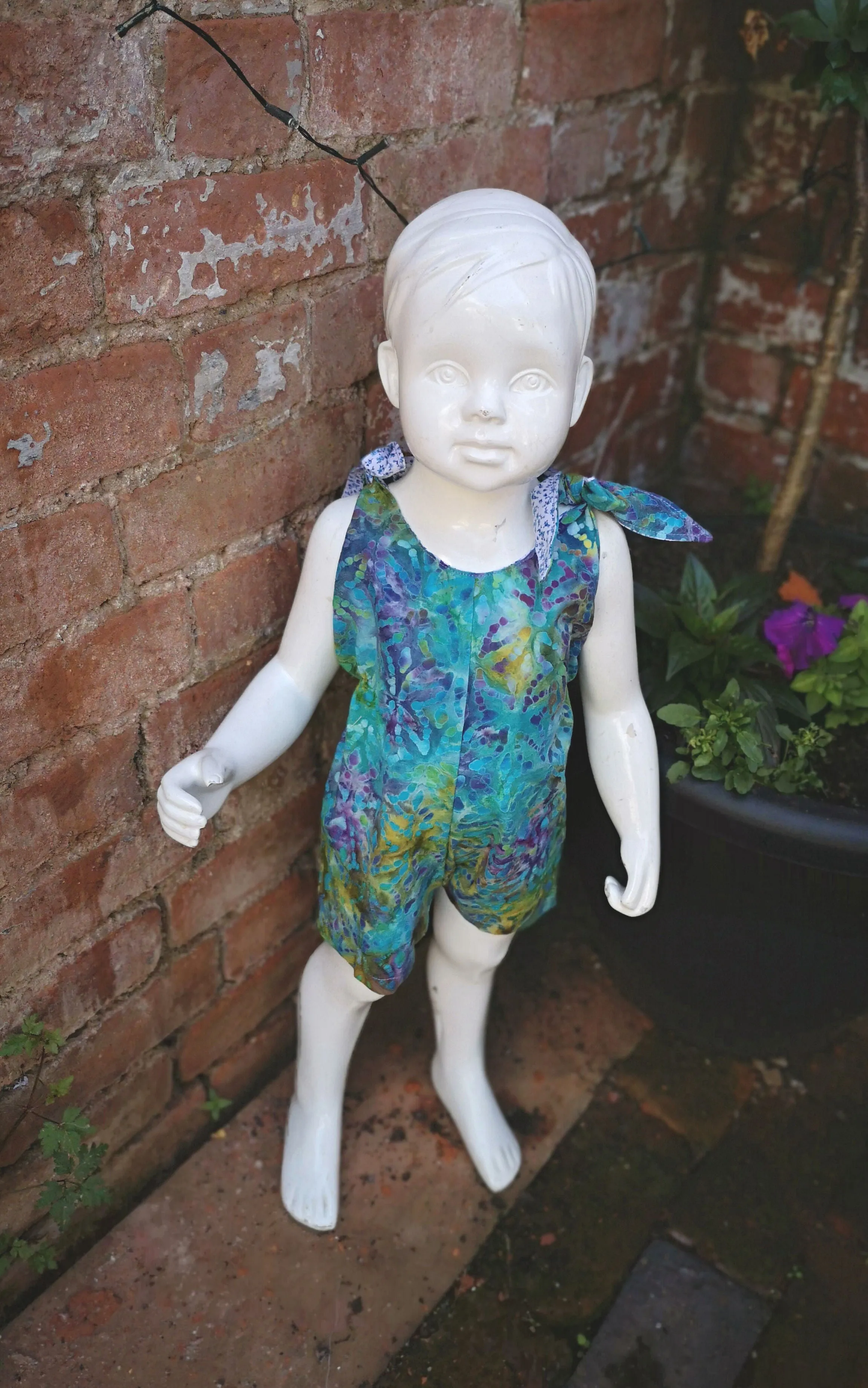 childs short playsuit, dungarees, tie shoulders age  18mths    "Aqua Imaginarium"