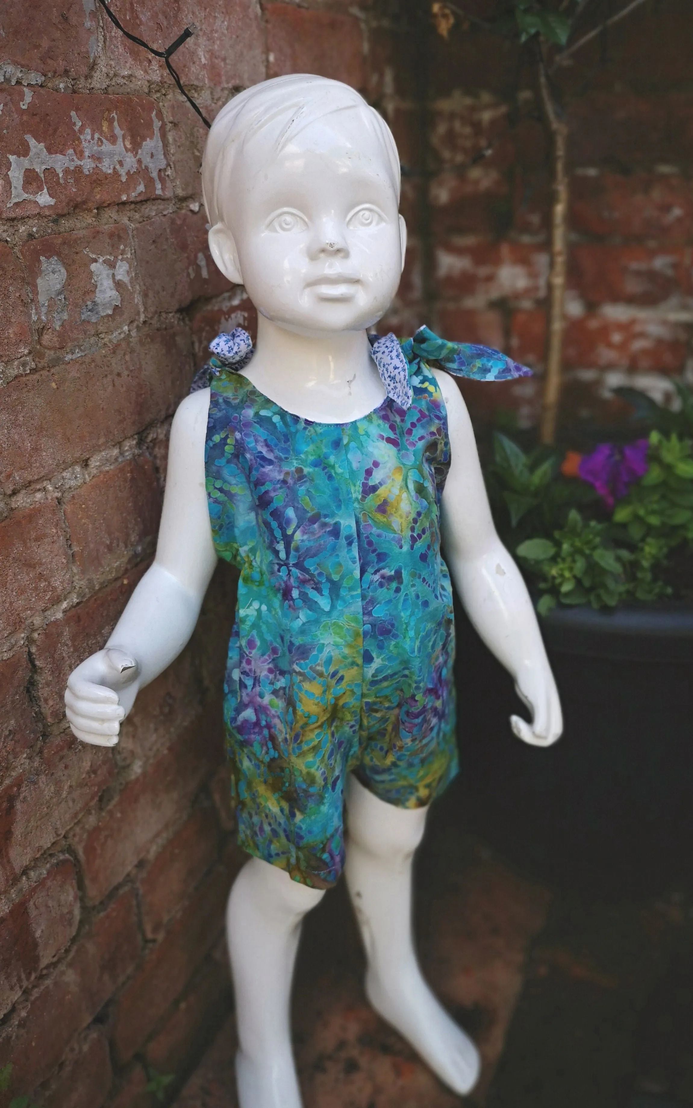 childs short playsuit, dungarees, tie shoulders age  18mths    "Aqua Imaginarium"