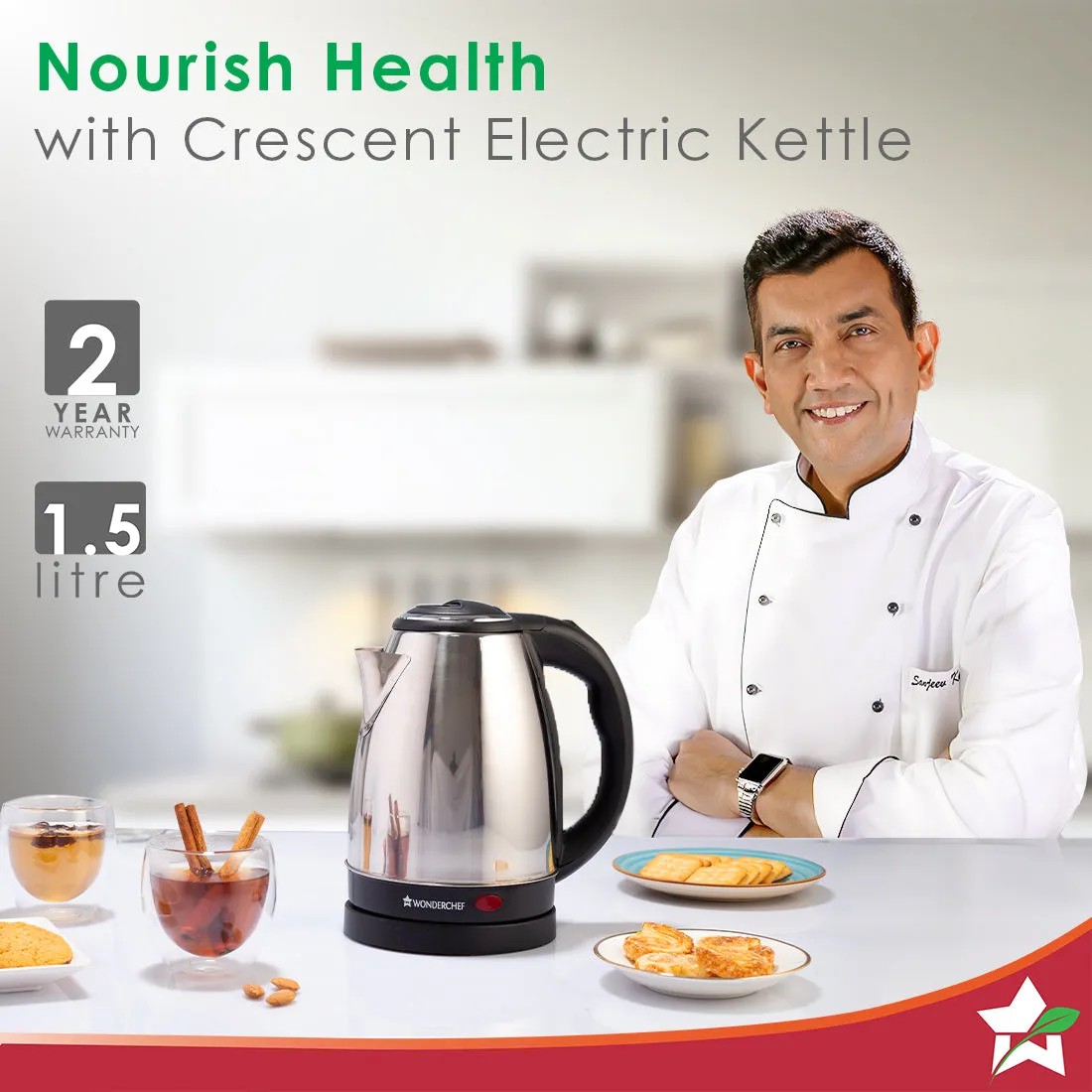 Crescent Electric Kettle, Stainless Steel Interior, Safety Locking Lid- 1.8L, 1800W, 2 Years Warranty