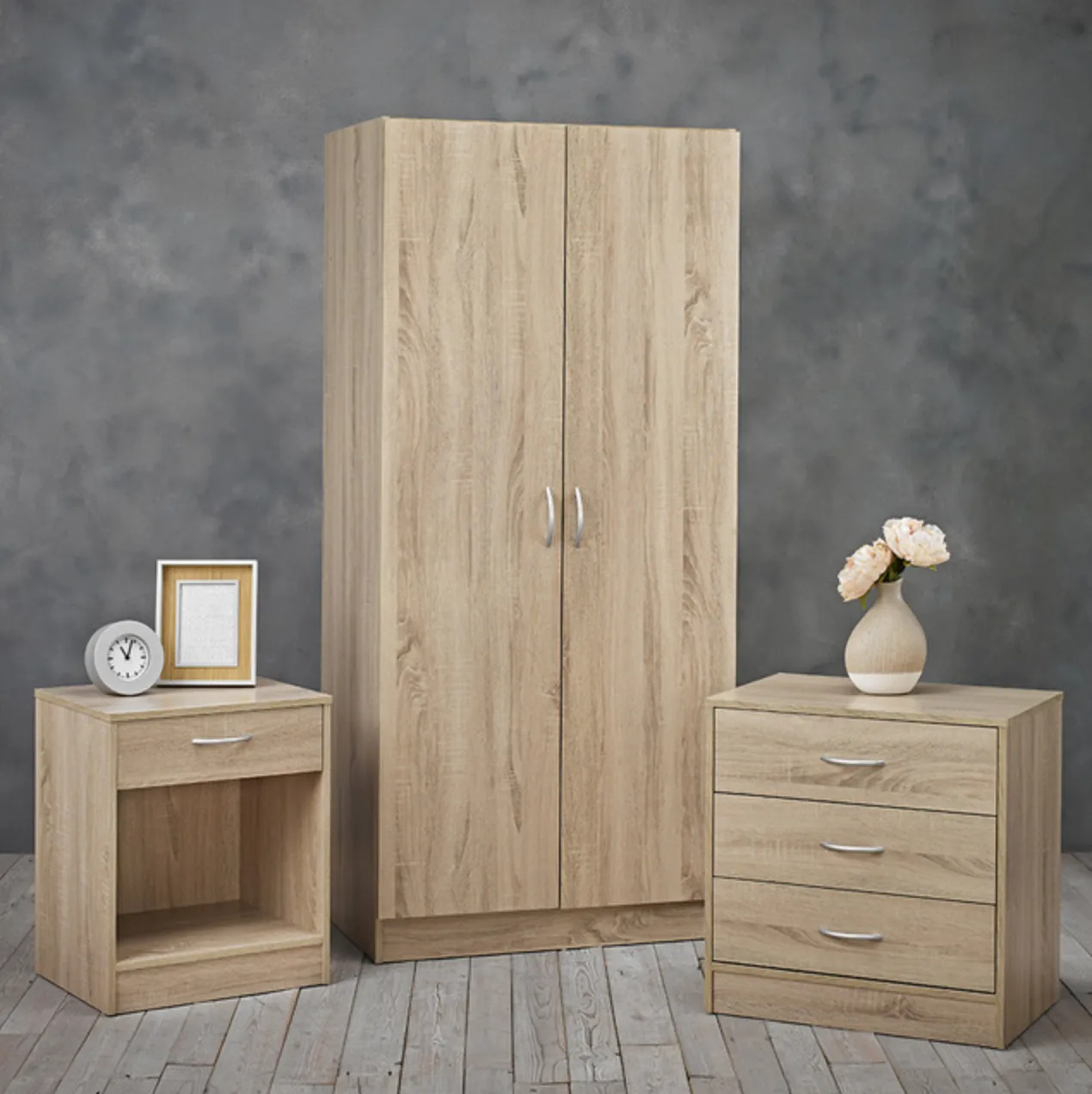 Delta Bedroom Set Oak - 3 Piece (Bedside   Chest of Drawers   Wardrobe)