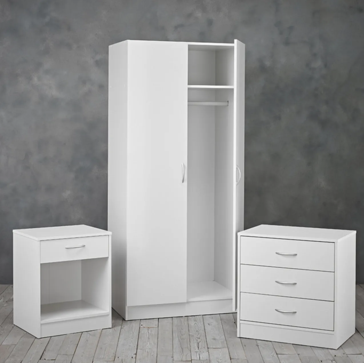 Delta Bedroom Set White - 3 Piece (Bedside   Chest of Drawers   Wardrobe)