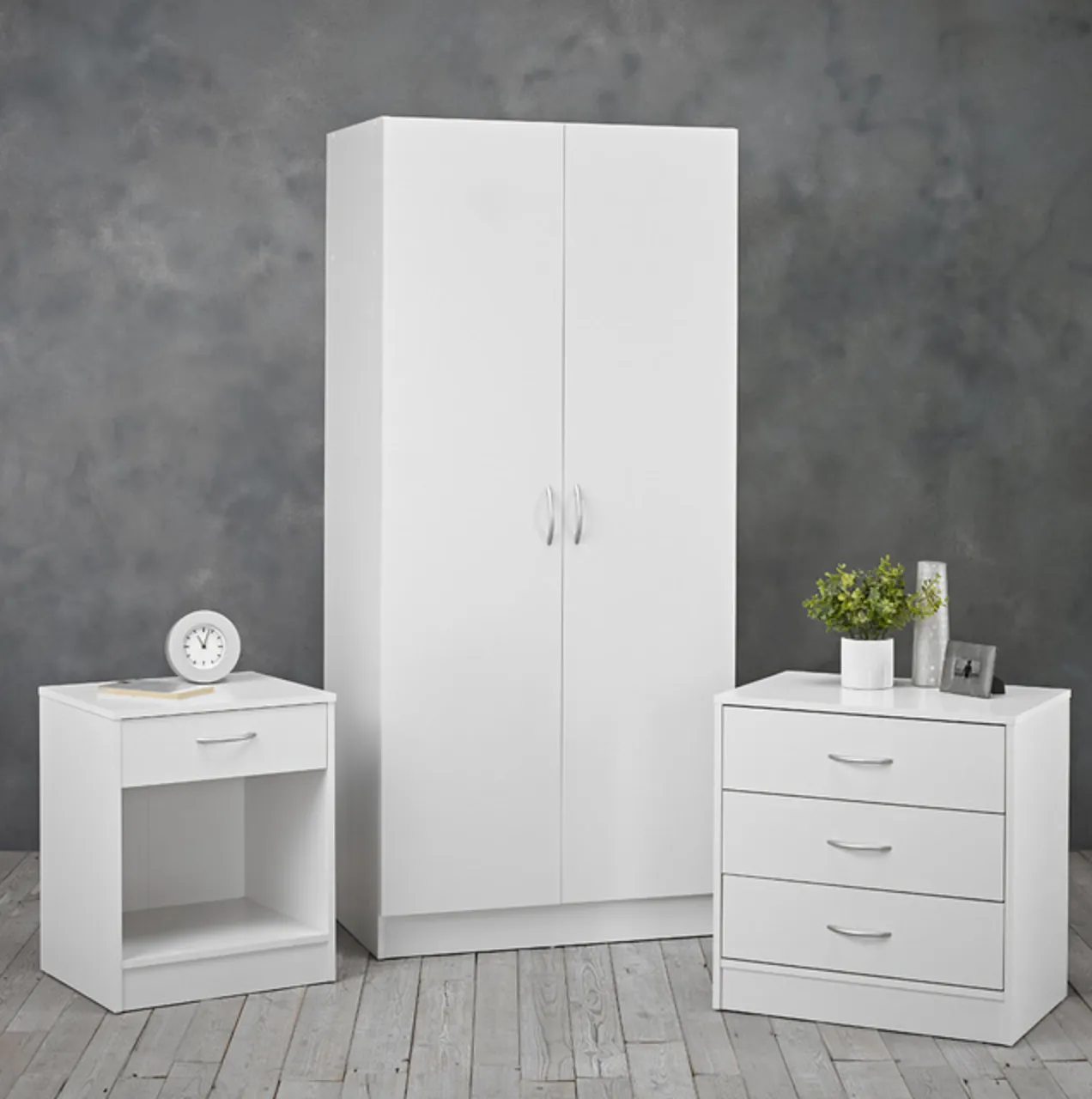 Delta Bedroom Set White - 3 Piece (Bedside   Chest of Drawers   Wardrobe)