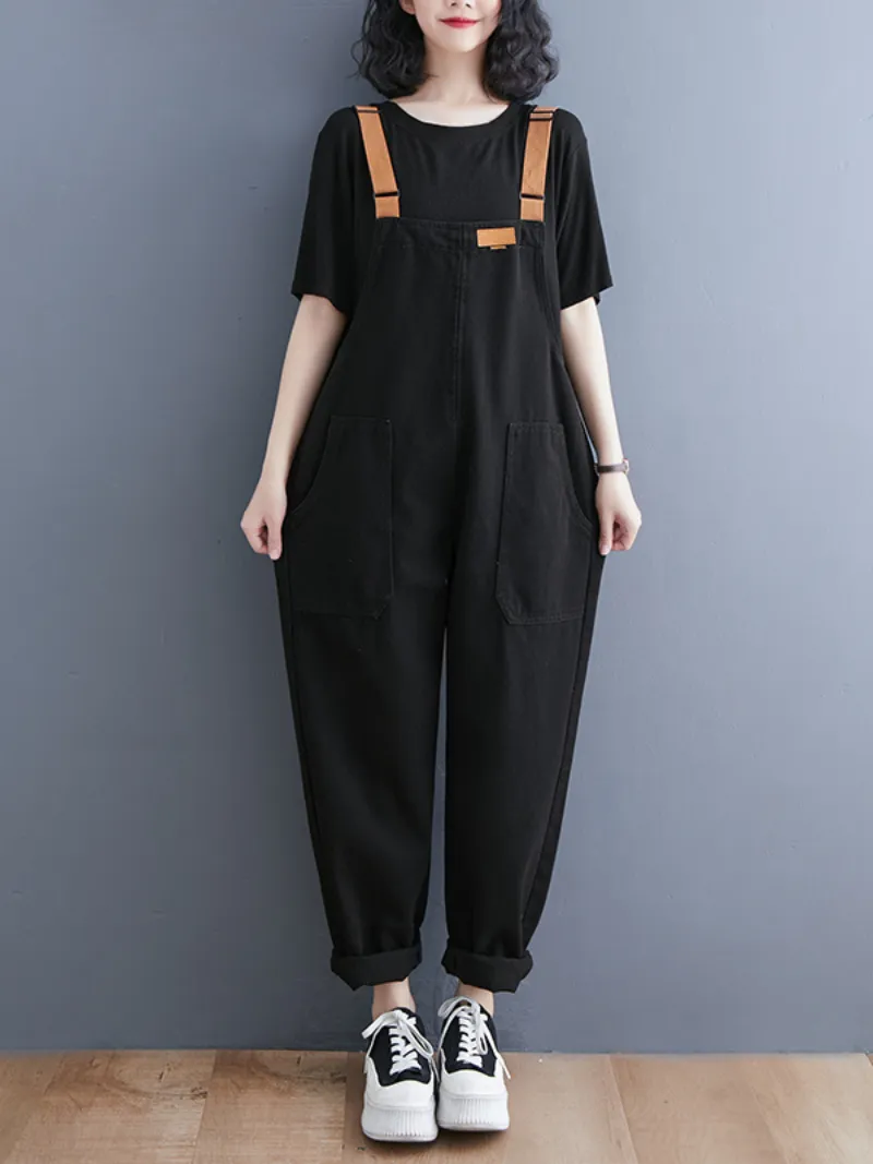 Denim Loose Shoulder Strap Large Size Black Overalls