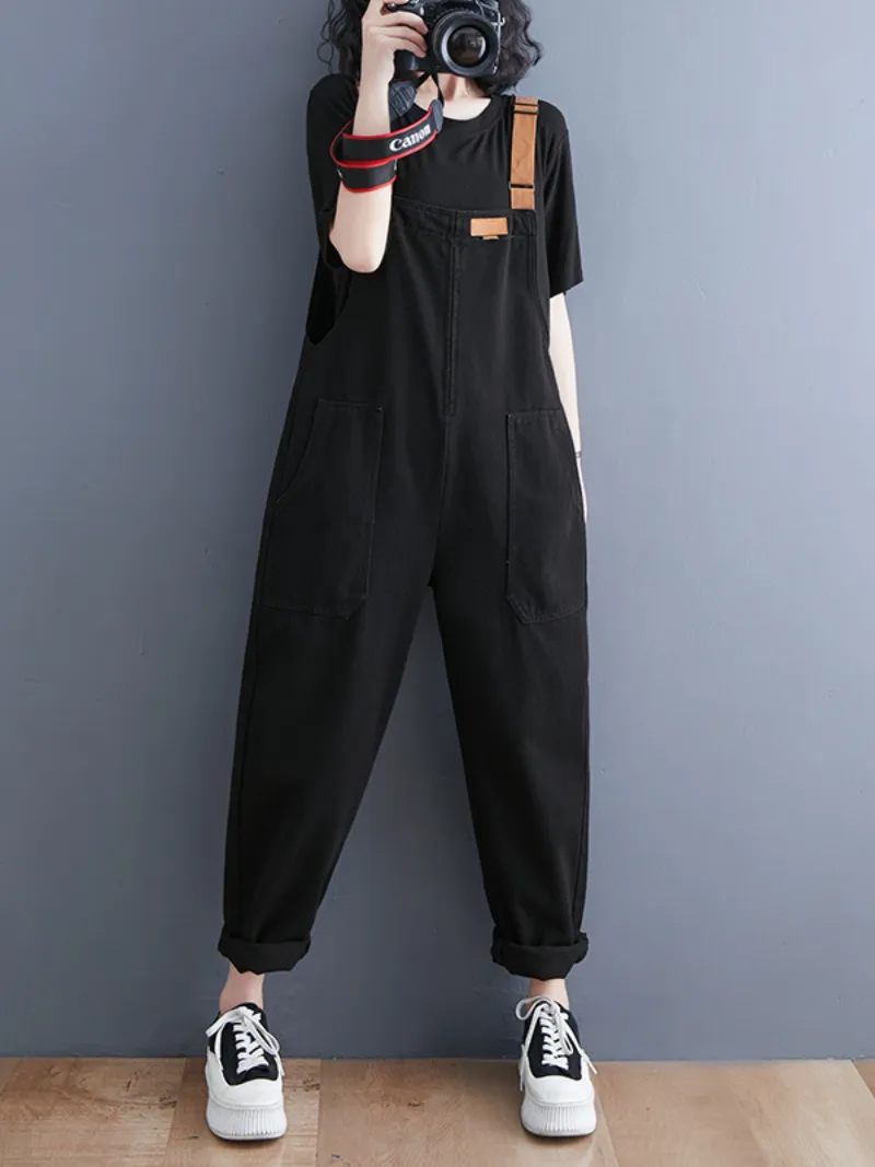 Denim Loose Shoulder Strap Large Size Black Overalls