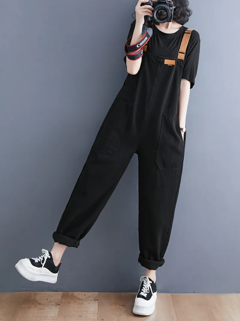 Denim Loose Shoulder Strap Large Size Black Overalls