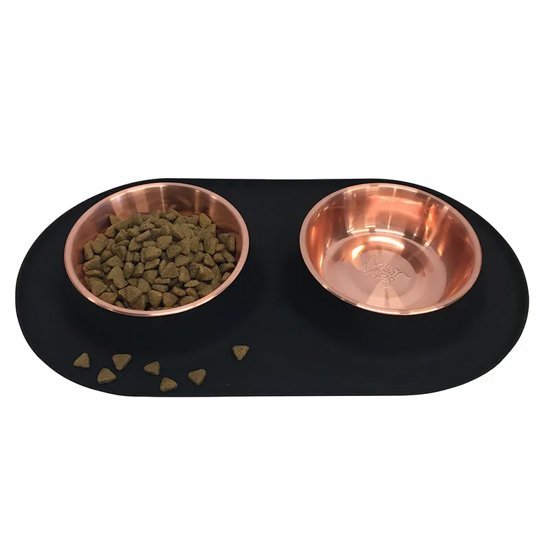 Double Silicone Dog Feeder with Copper Colored Bowls,1.5 Cups Per Bowl