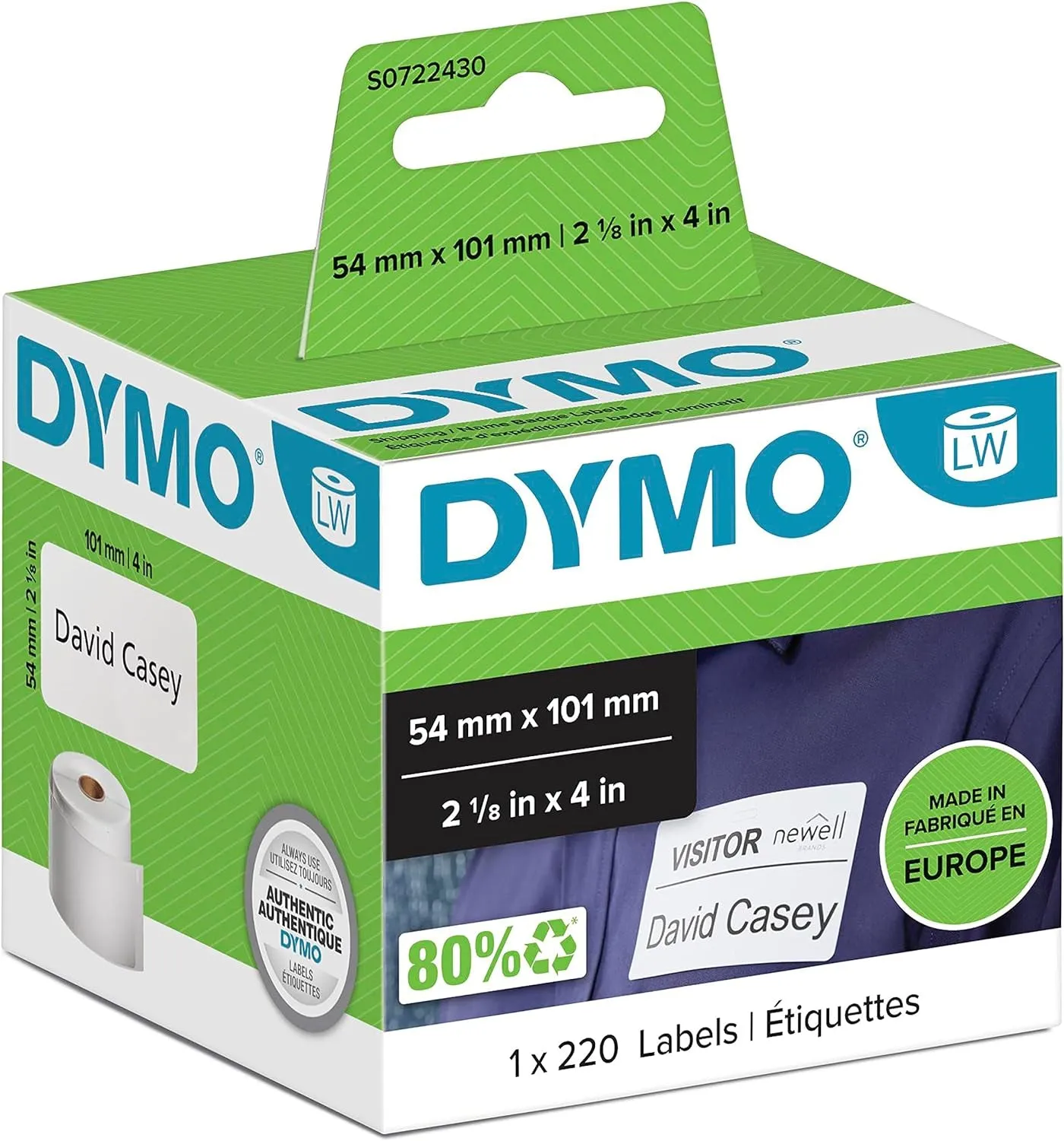 DYMO Authentic Labelwriter Large Shipping Labels/Name Badges | 54 Mm X 101 Mm | Self-Adhesive | Roll of 220 Easy-Peel Labels | for Labelwriter Label Makers | Made in Europe