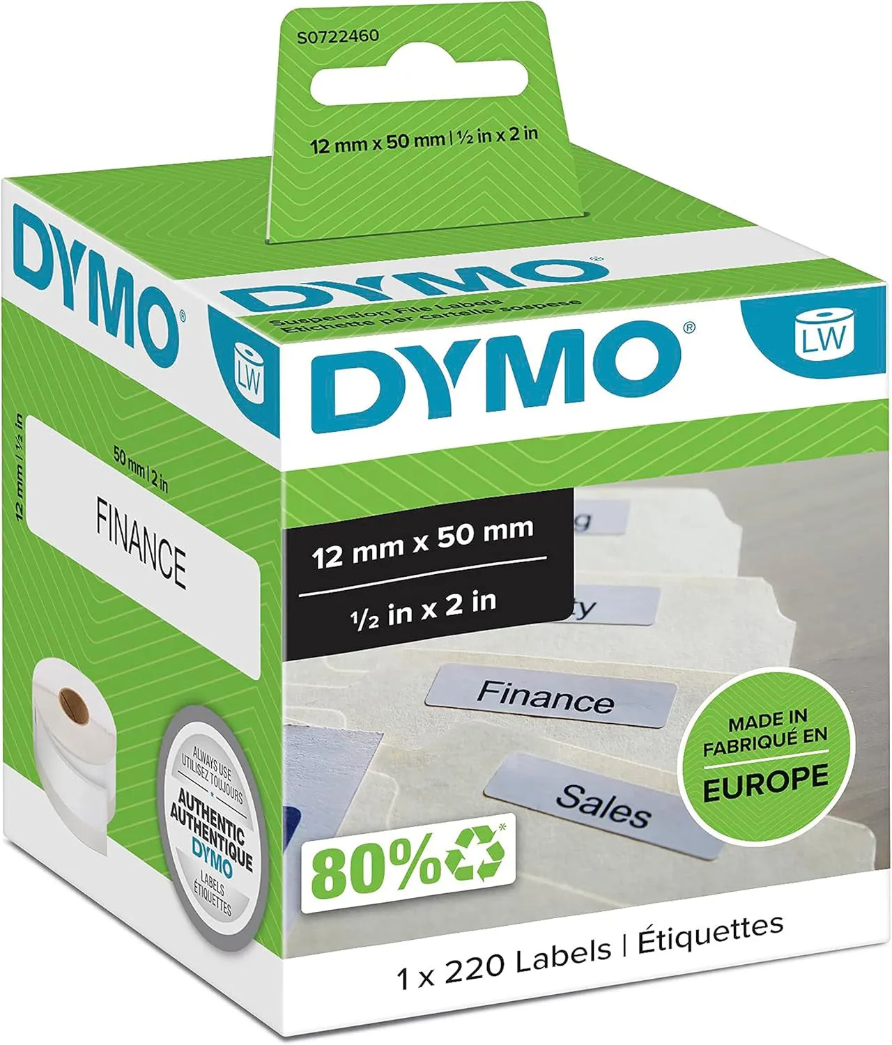 DYMO Authentic Labelwriter Suspension File Labels | 12Mm X 50Mm | Roll of 220 Easy-Peel Labels | Self-Adhesive | for Labelwriter Label Makers