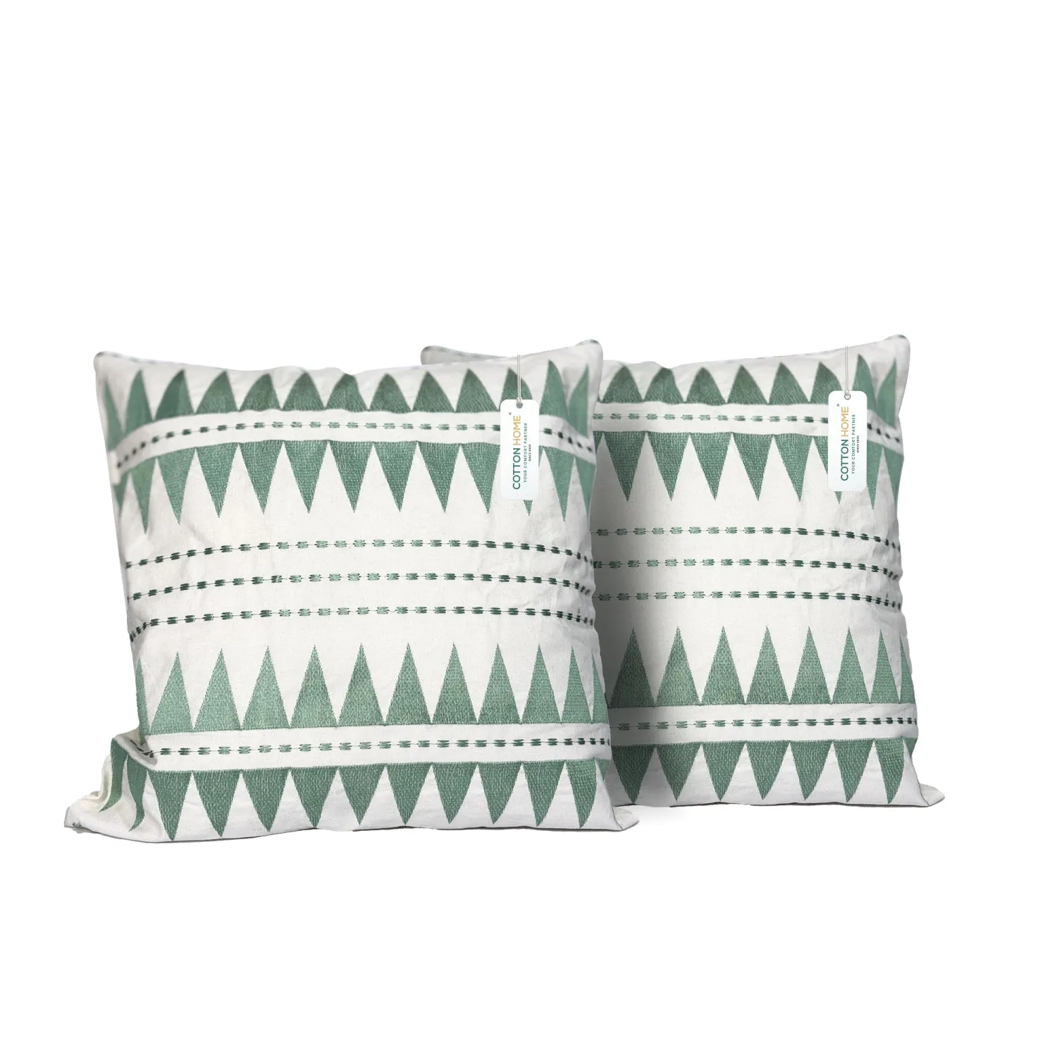 Embroidered Cushion - 100% Cotton Canvas, 45x45cm |  Green Triangle Pattern | Set of 2