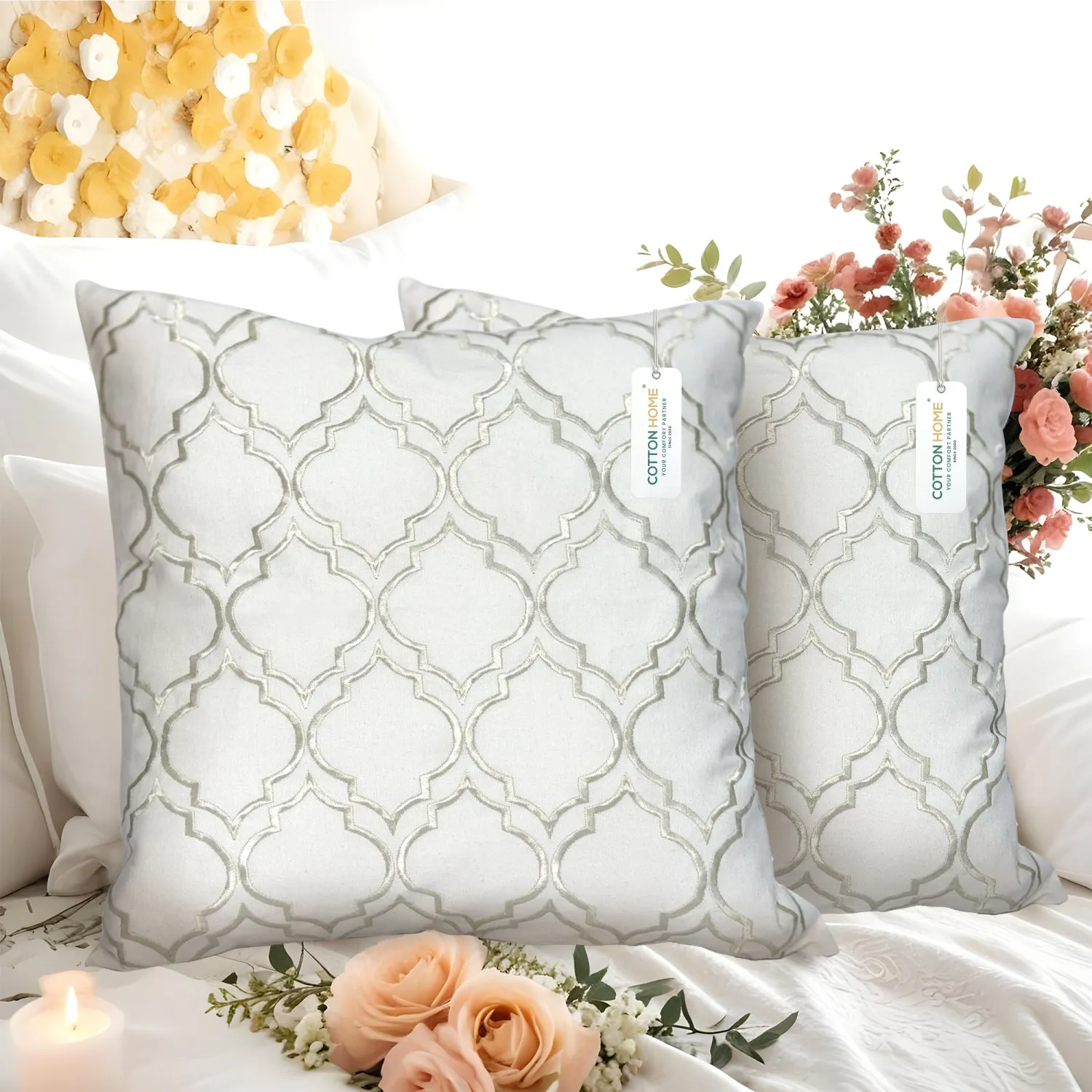 Embroidered Cushion - 100% Cotton Canvas, 45x45cm |  Ivory Modern Quatrefoil Geometric | Cotton Home