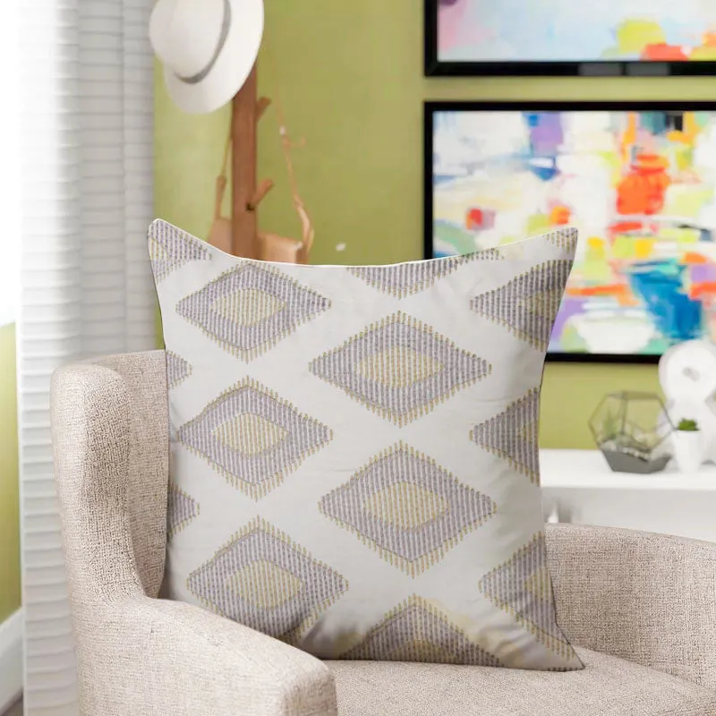 Embroidered Grey & Yellow Rhombus Pattern Filled Cushion 45x45cm