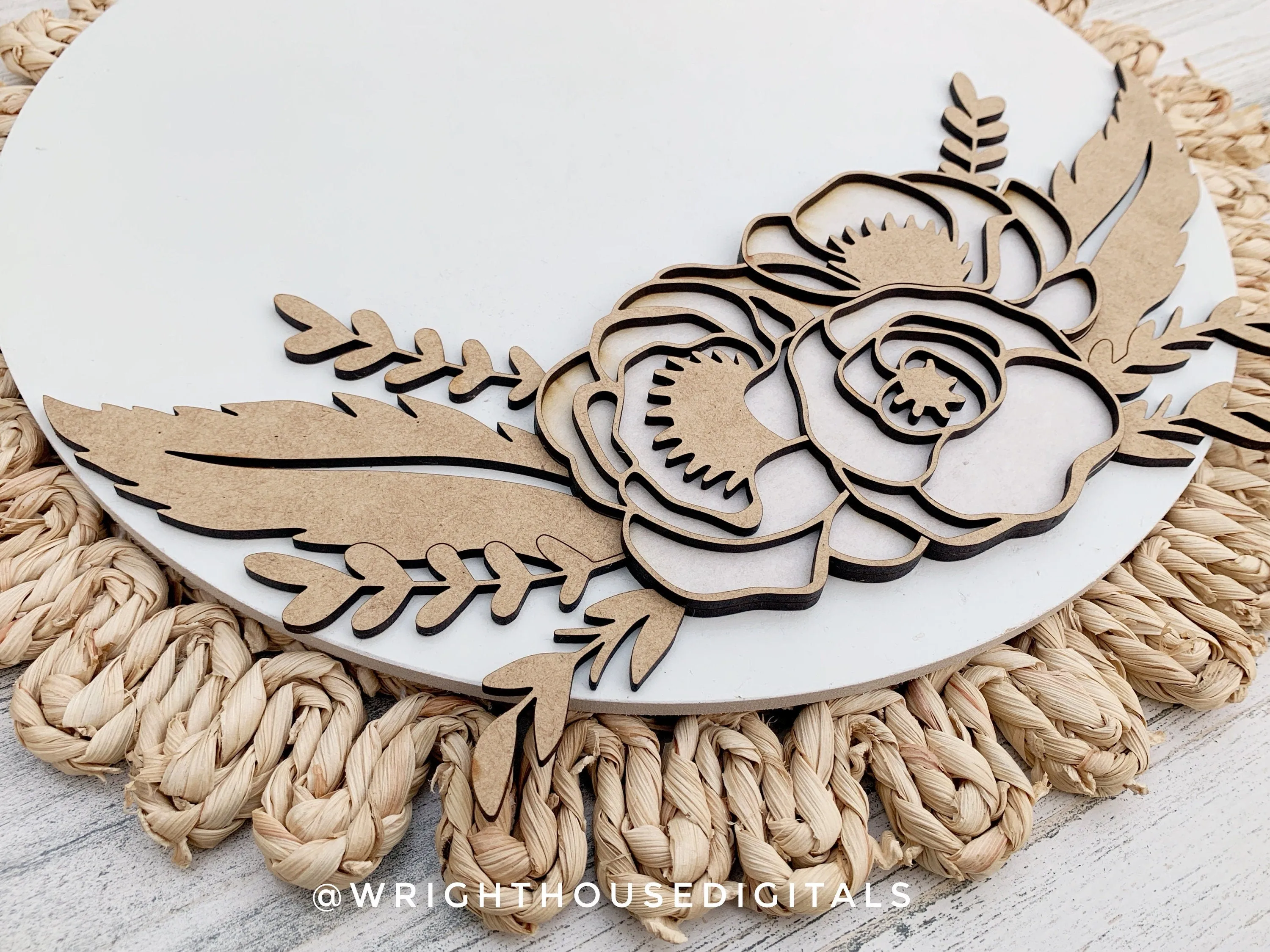 Feathers and Flowers Farmhouse Floral Round - Spring Sign Making and DIY Kits - Layered Cut File For Glowforge Laser - Digital SVG File