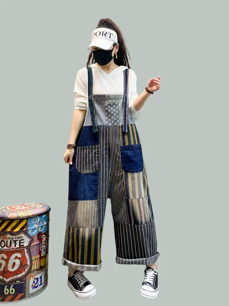 Front & Back Pockets Striped Overalls Dungarees for Women