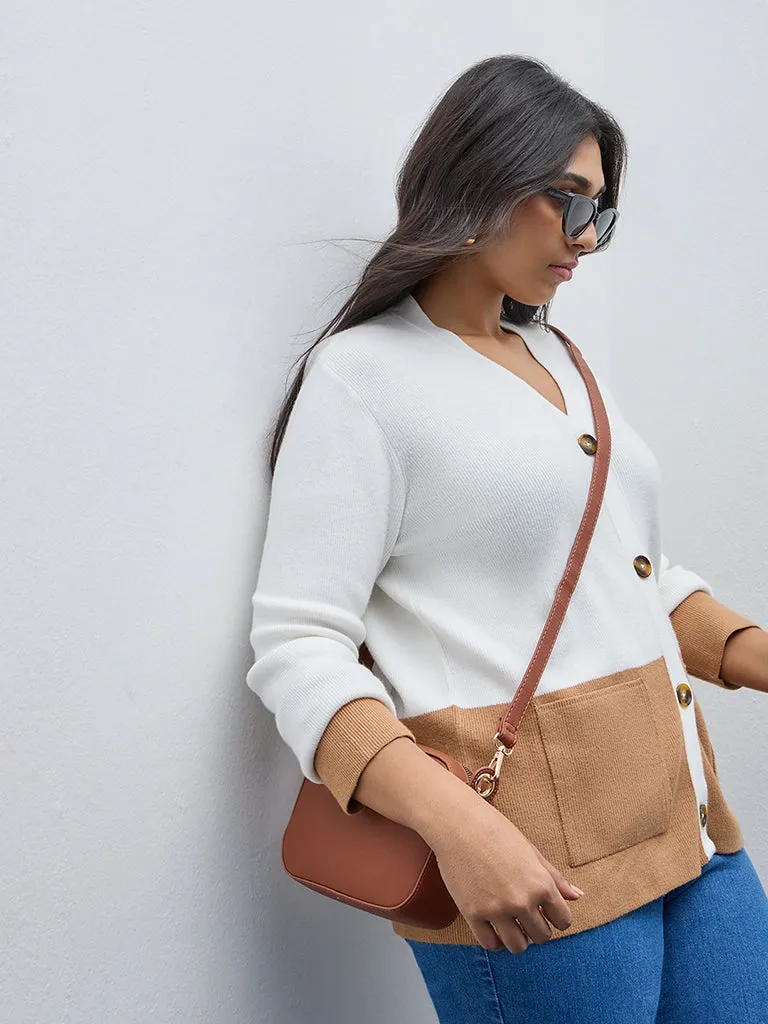 Gia Off-White & Tan Colour-Blocked Ribbed Cardigan