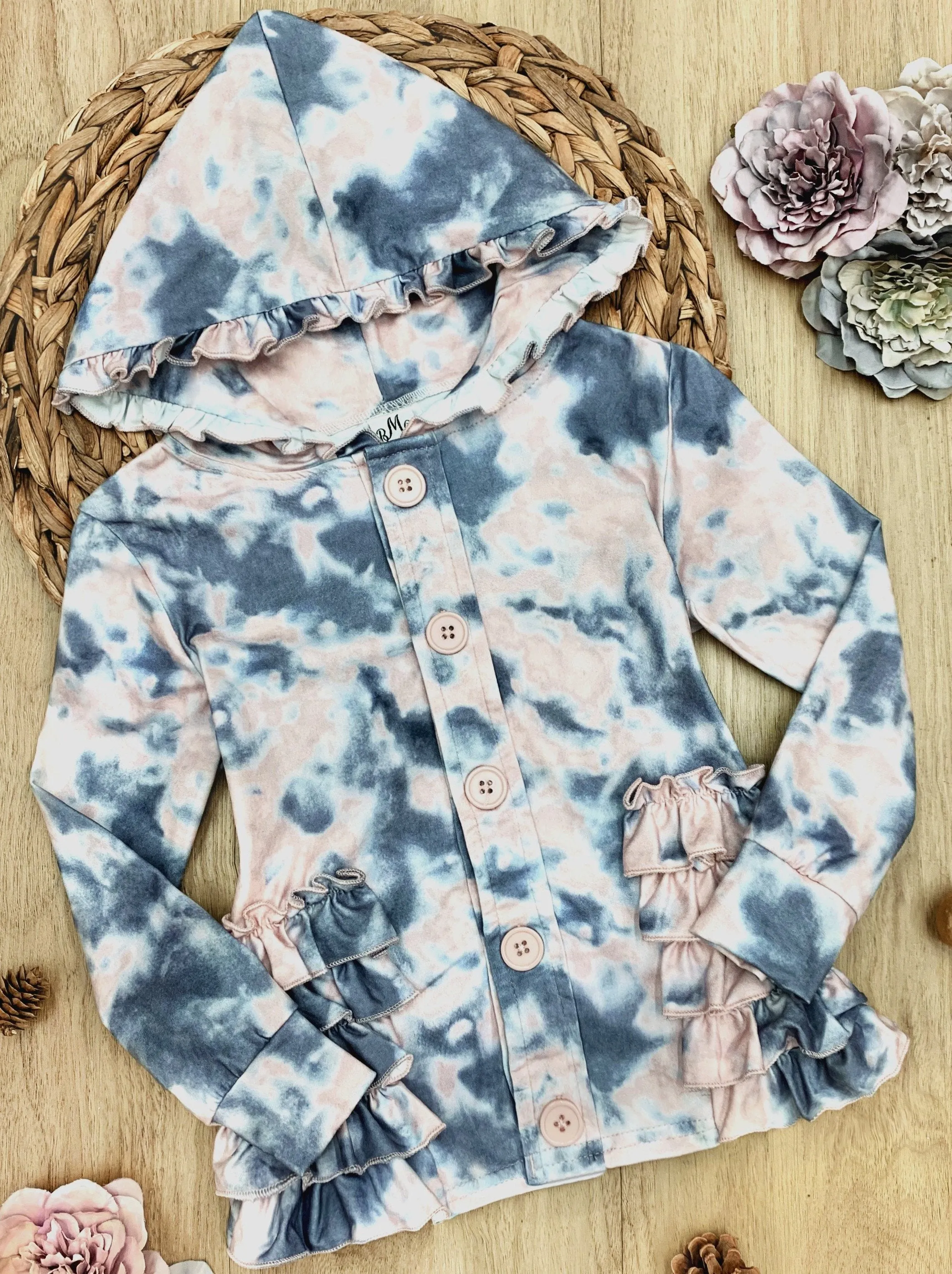 Girls Buttoned Ruffled Grey Tie Dye Hoodie