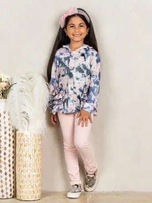 Girls Buttoned Ruffled Grey Tie Dye Hoodie