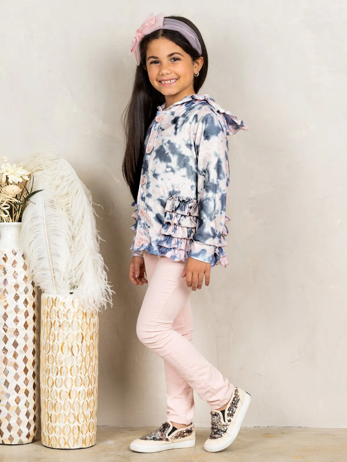 Girls Buttoned Ruffled Grey Tie Dye Hoodie