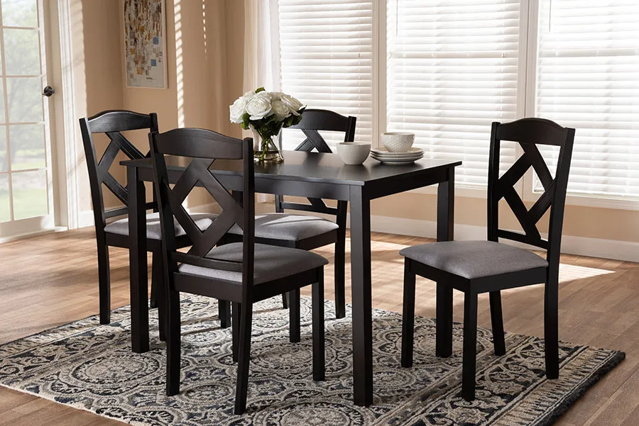 Helena Espresso Brown Finished/Grey Fabric Upholstered 5pcs Dining Set