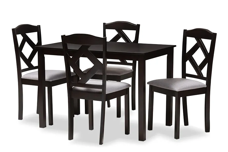 Helena Espresso Brown Finished/Grey Fabric Upholstered 5pcs Dining Set